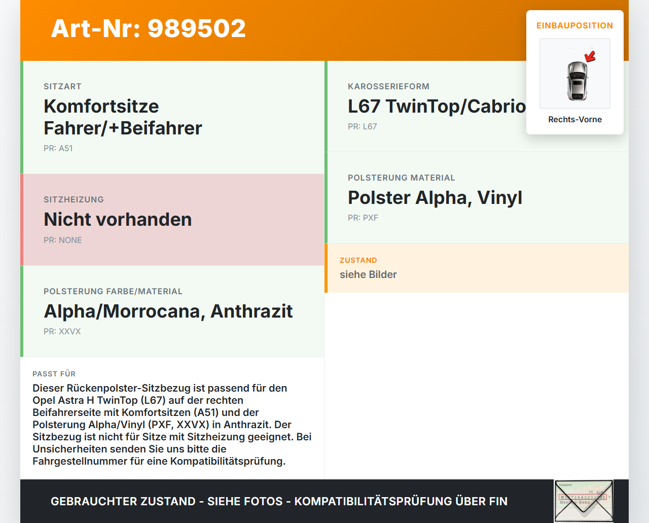 Opel Astra H TwinTop Cabriolet Sitzbezug Rückenpolster Rechts Vorne für Beifahrer Sitz Opel Astra H TwinTop... Vorschau 3