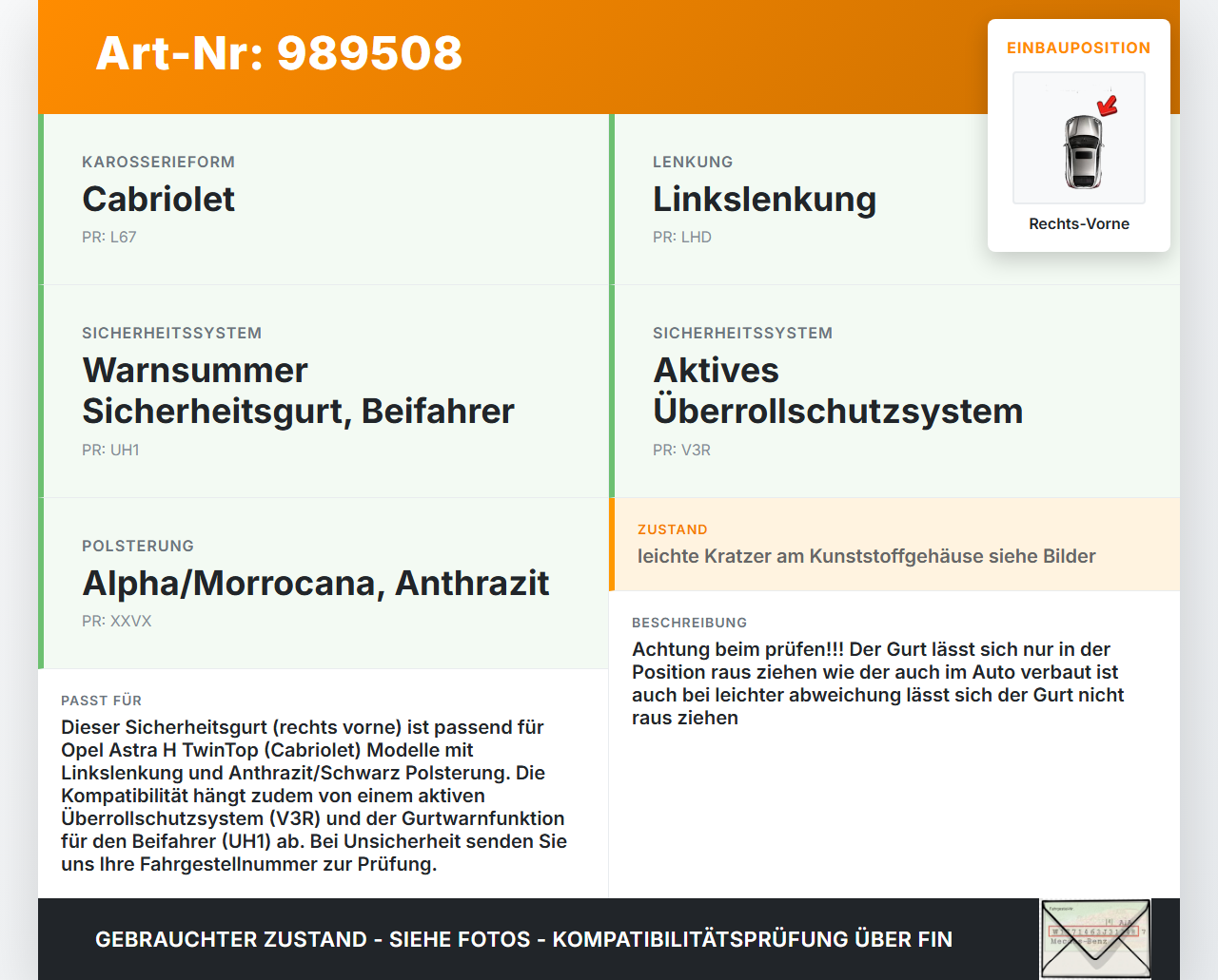 Opel Astra H TwinTop Cabriolet Gurt Sicherheitsgurt Rechts Vorne Opel Astra H TwinTop 09.11.2006 13189102... Vorschau 3