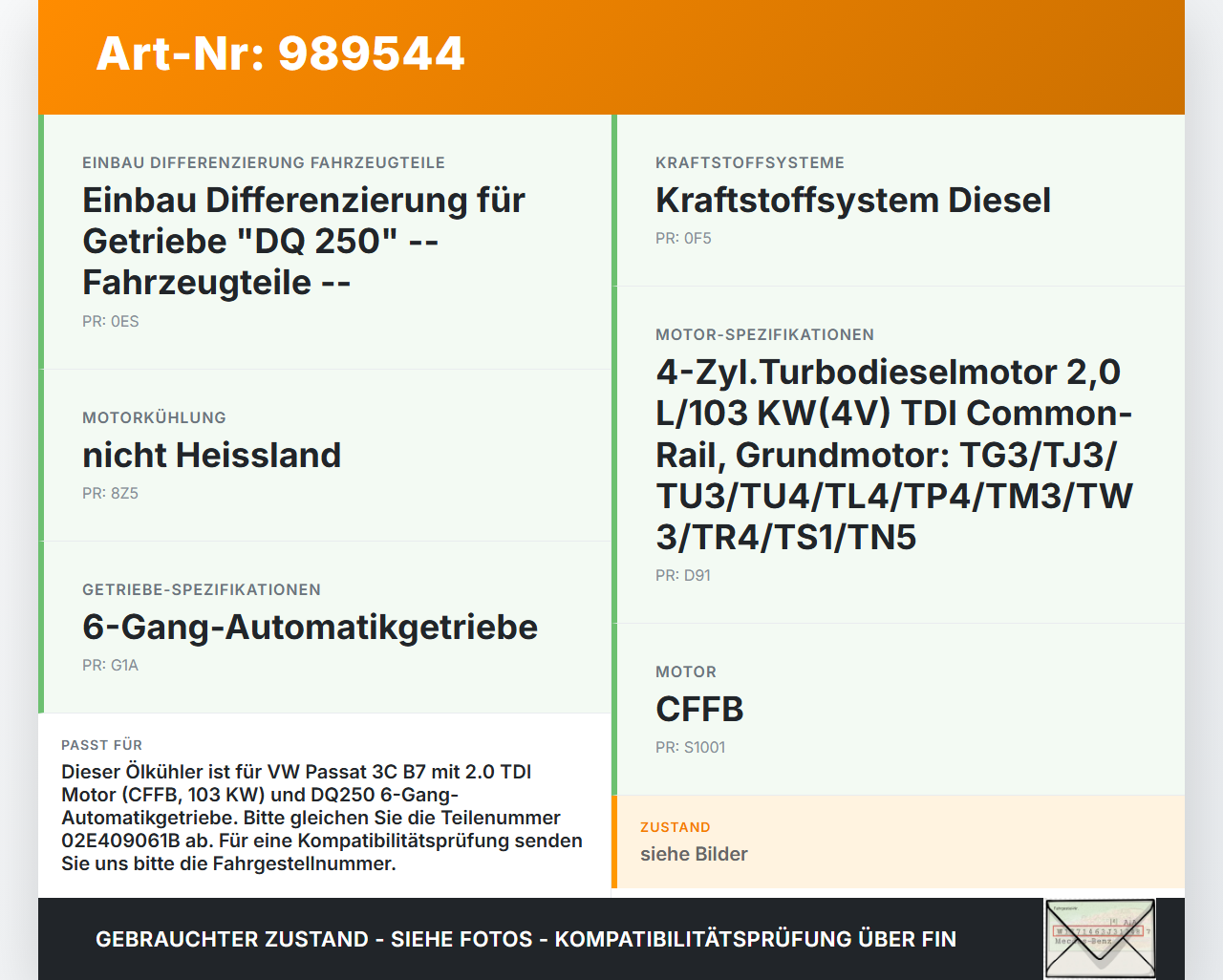 VW Passat 3C B7 10-15 2,0d 103KW Ölkühler VW Passat 3C B7 10-15 06.12.2013 02E409061B gebraucht Vorschau 3