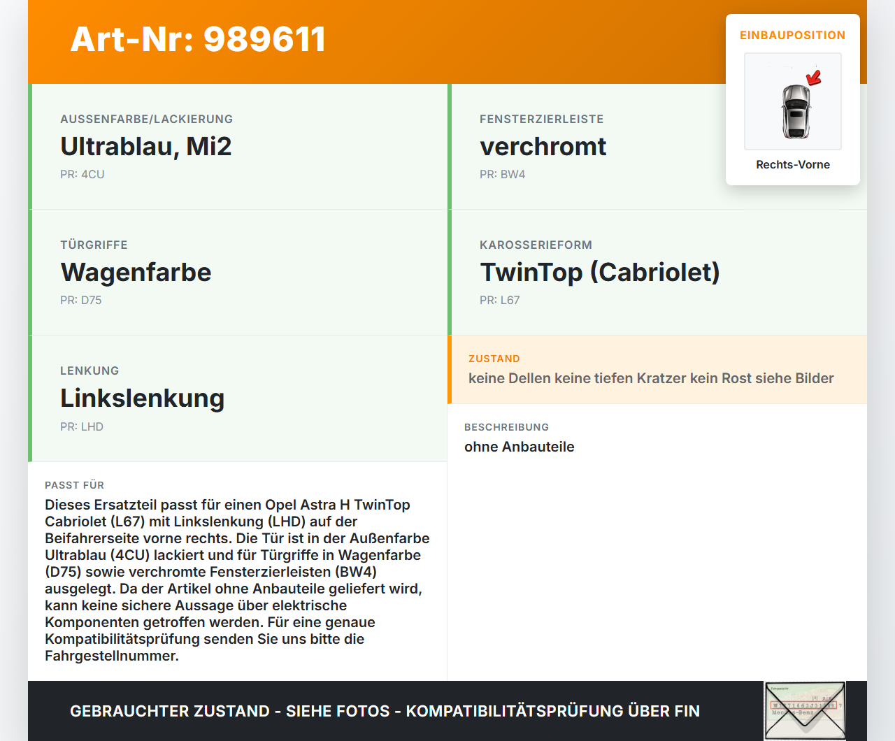 Opel Astra H TwinTop Cabriolet Tür Beifahrertür Rechts Vorne 4CU 21B Opel Astra H TwinTop 09.11.2006 13194717... Vorschau 3