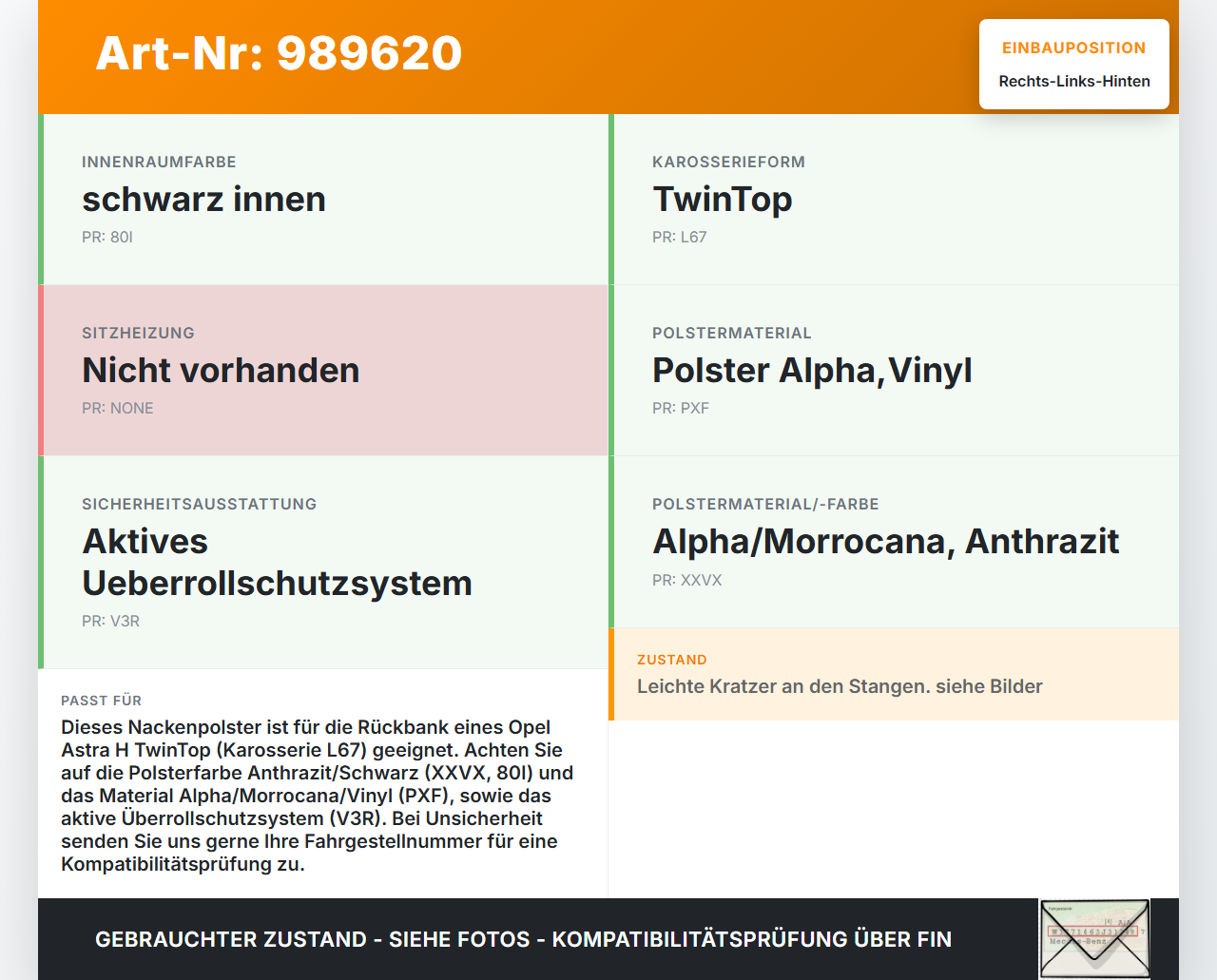 Opel Astra H TwinTop Kopfstütze Rechts oder Links Hinten Opel Astra H TwinTop 09.11.2006 gebraucht Vorschau 3