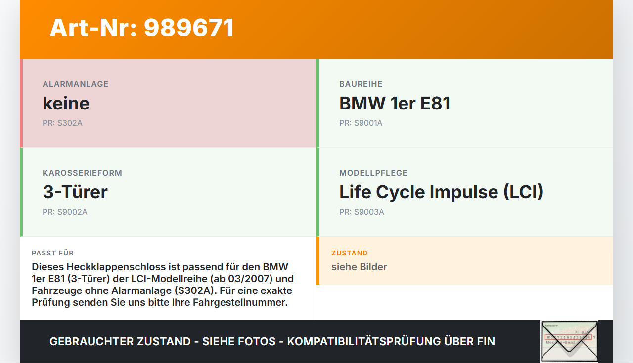BMW E81 1er 118i LCI 07-13 3T Schloss f. Heckklappe Heckklappenschloss Verriegelung BMW E81 1er 118i LCI 07-13... Vorschau 3