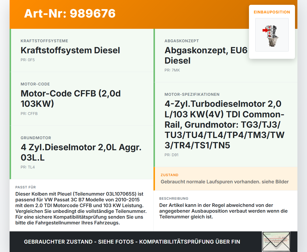 VW Passat 3C B7 10-15 2,0d 103KW CFFB Kolben mit Pleuel Pos C VW Passat 3C B7 10-15 06.12.2013 03L107065S... Vorschau 3