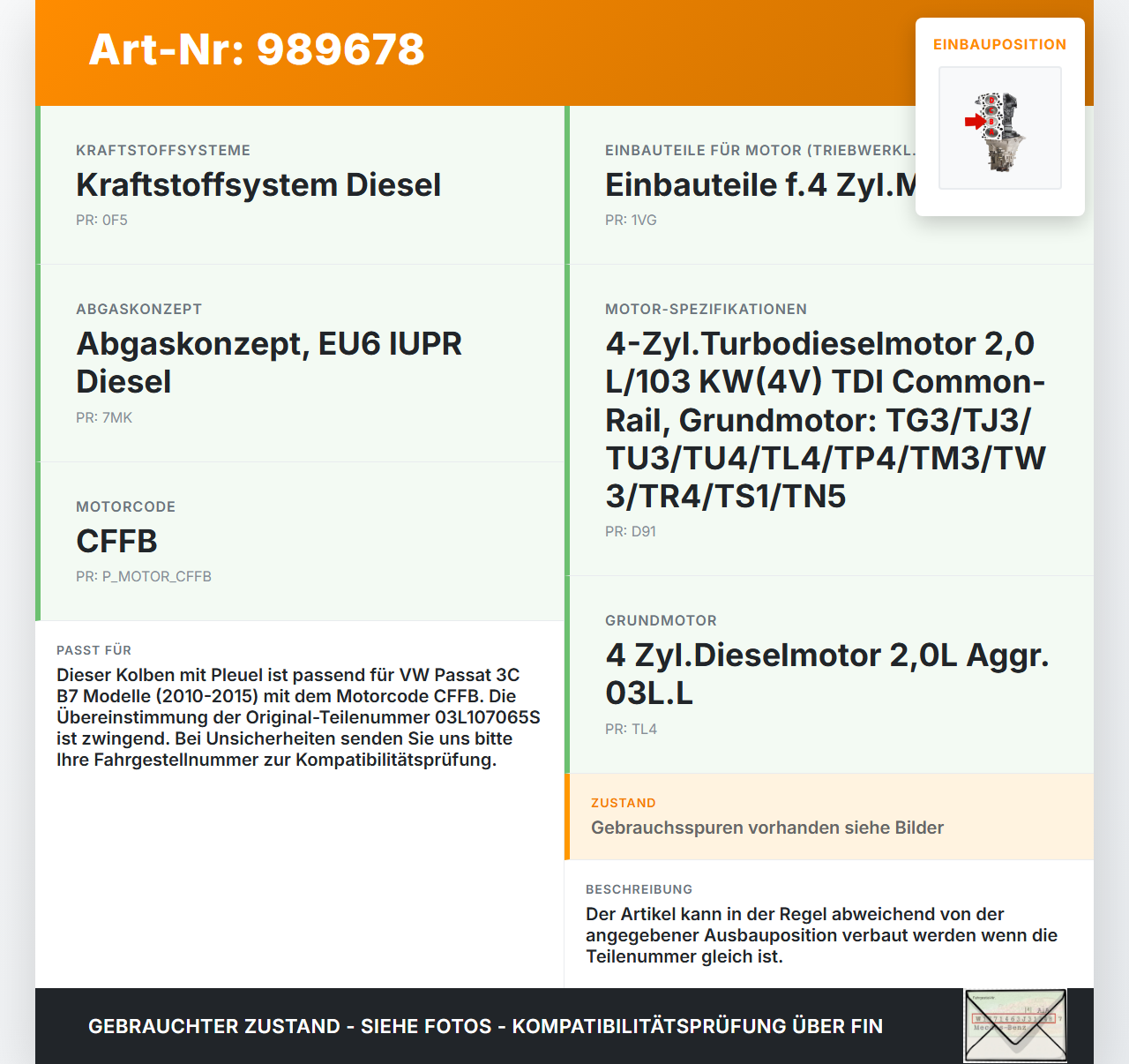 VW Passat 3C B7 10-15 2,0d 103KW CFFB Kolben mit Pleuel Pos B VW Passat 3C B7 10-15 06.12.2013 03L107065S... Vorschau 3
