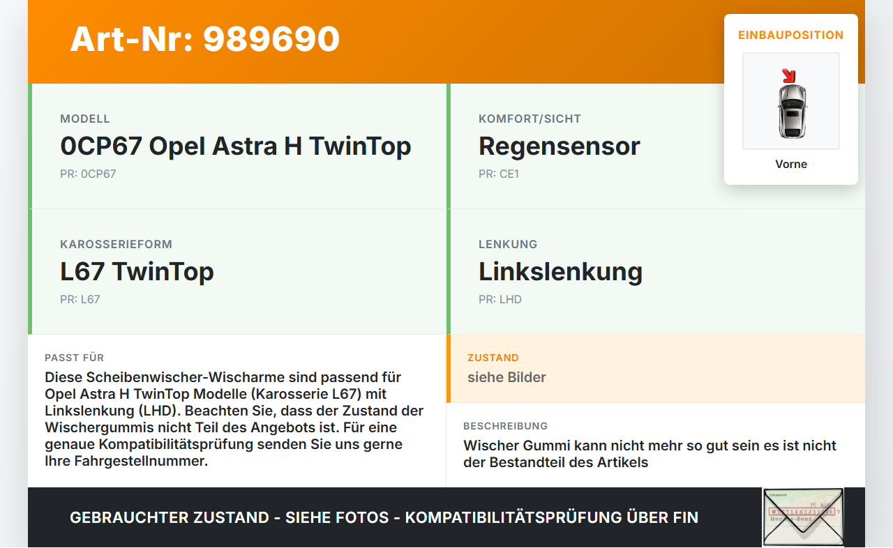 Opel Astra H TwinTop 2x Scheibenwischer Wischarm Vorne Opel Astra H TwinTop 09.11.2006 gebraucht Vorschau 3