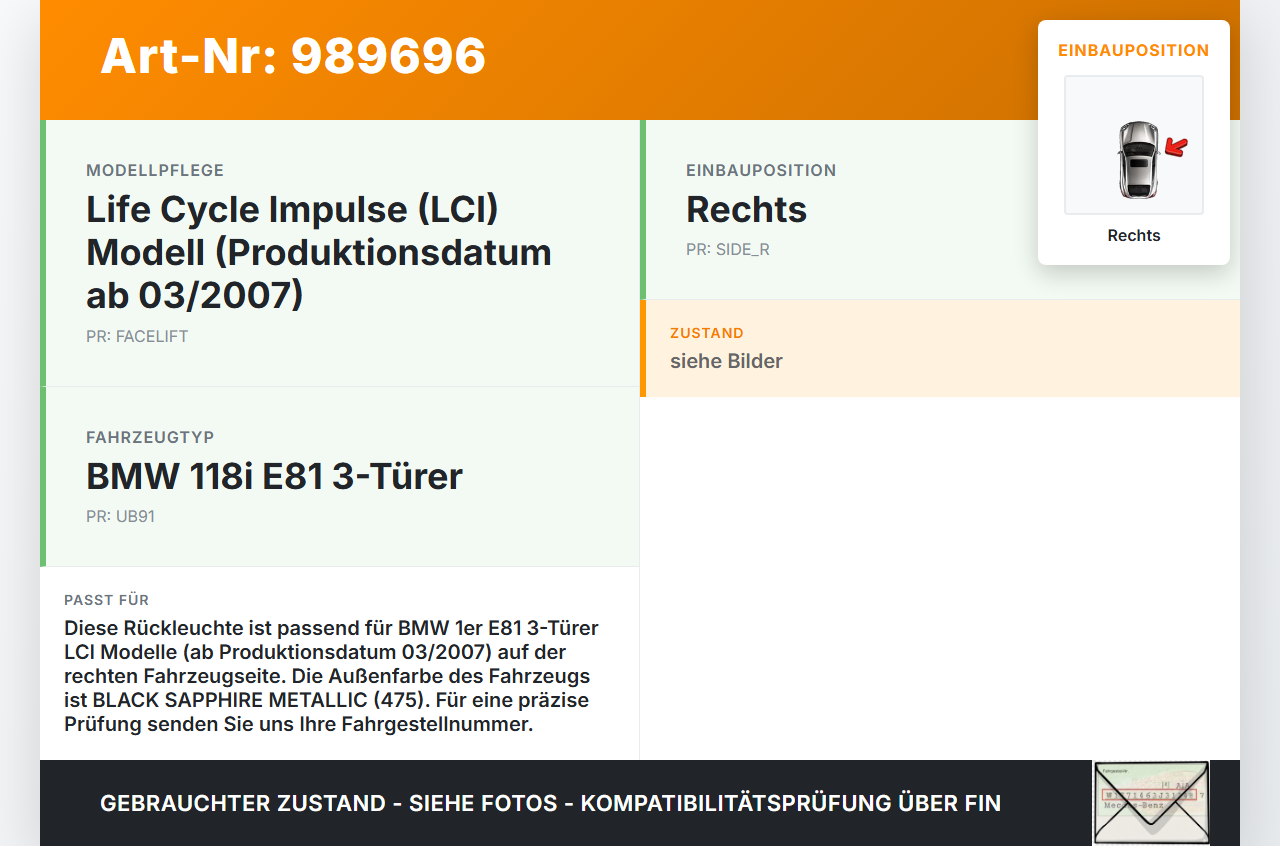 BMW E81 1er 118i LCI 07-13 3T Rückleuchte Rücklicht Heckleuchte Rechts orig BMW E81 1er 118i LCI 07-13 27.10.2009... Vorschau 3