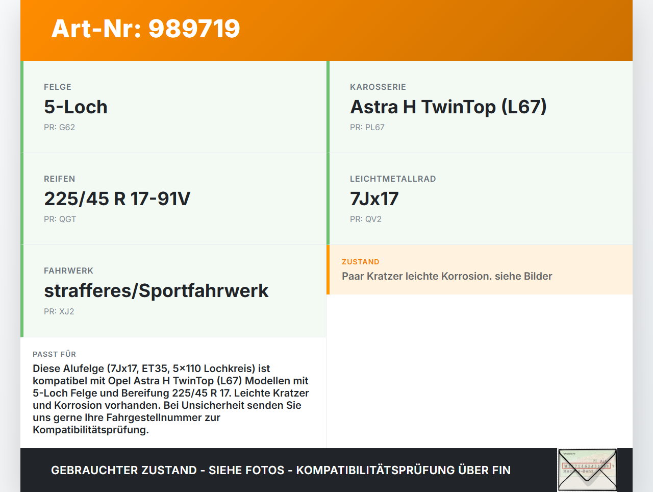 Opel Astra H TwinTop 1x Felge Alufelge 5X110 7X17Zoll ET35 Opel Astra H TwinTop 09.11.2006 13 211 620 gebraucht Vorschau 3
