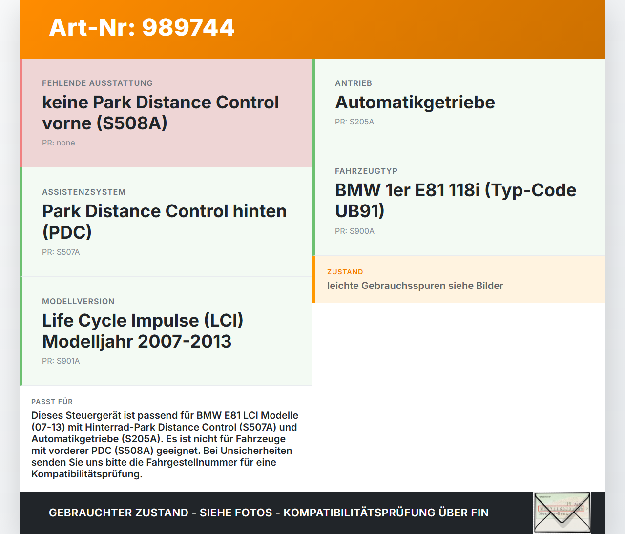 BMW E81 1er 118i LCI 07-13 Steuergerät ECU Modul SG PDC Einparkhilfe BMW E81 1er 118i LCI 07-13 27.10.2009 9252639... Vorschau 3