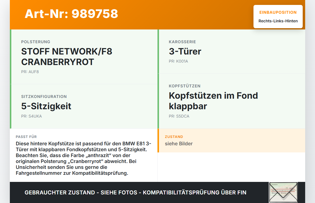 BMW E81 1er 118i LCI 07-13 Kopfstütze Rechts oder Links Hinten anthrazit BMW E81 1er 118i LCI 07-13 27.10.2009 gebraucht Vorschau 3