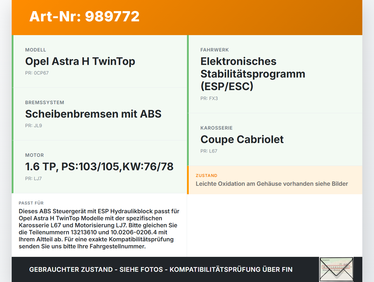 Opel Astra H TwinTop ABS Steuergerät ESP Hydraulikblock Aggregat Opel Astra H TwinTop 09.11.2006 13213610... Vorschau 3