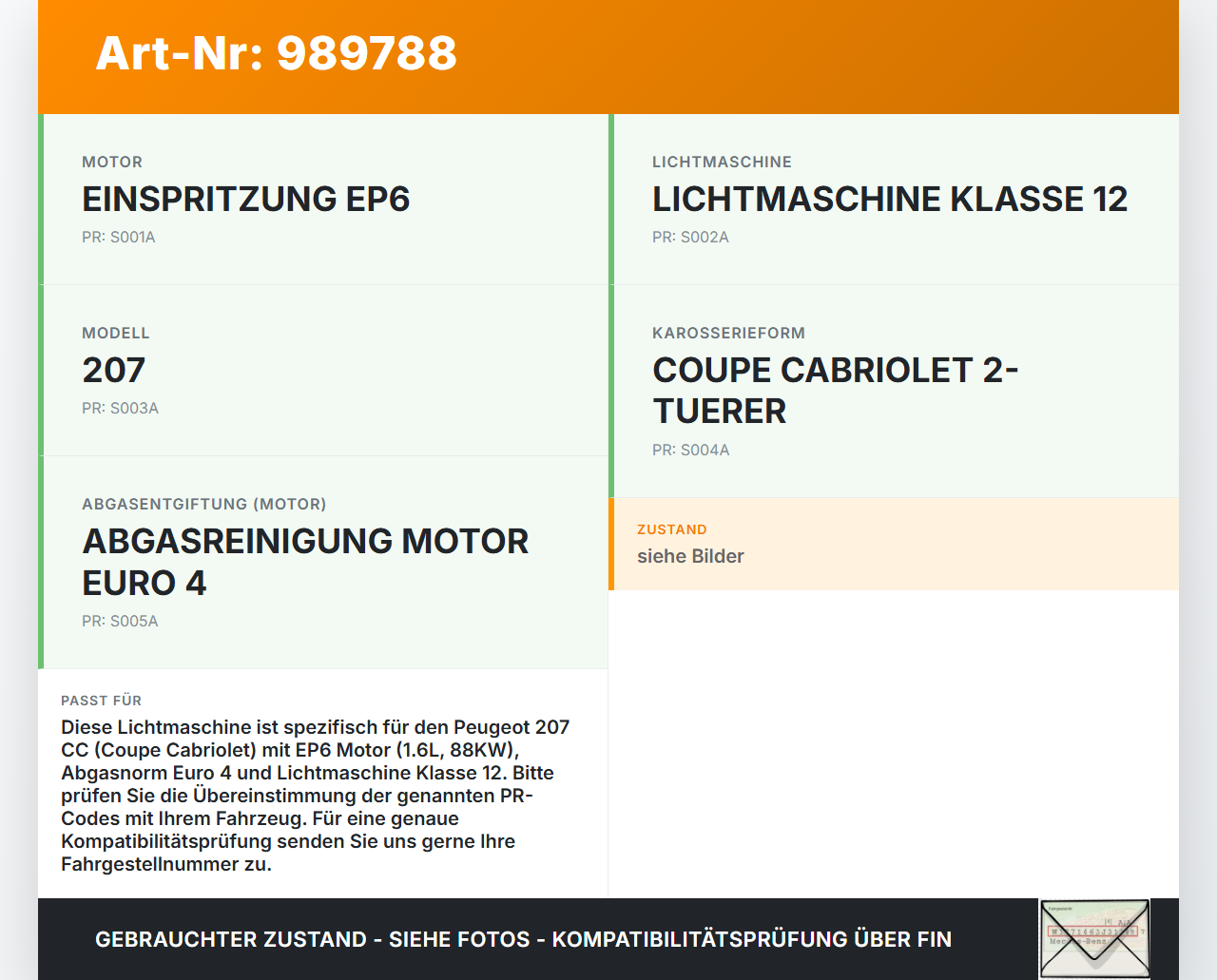 Peugeot 207 CC 09-15 1,6 88KW Lichtmaschine Generator Peugeot 207 CC 09-15 30.04.2007 V753509680-05 gebraucht Vorschau 3