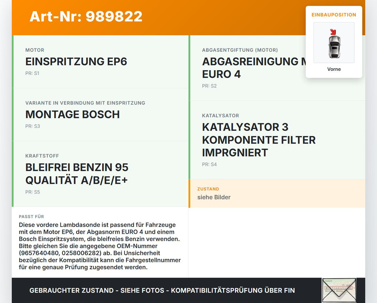 Peugeot 207 CC 09-15 1,6 88KW Lambdasonde Vorne Peugeot 207 CC 09-15 30.04.2007 9657640480 0258006282 30751151 gebraucht Vorschau 3