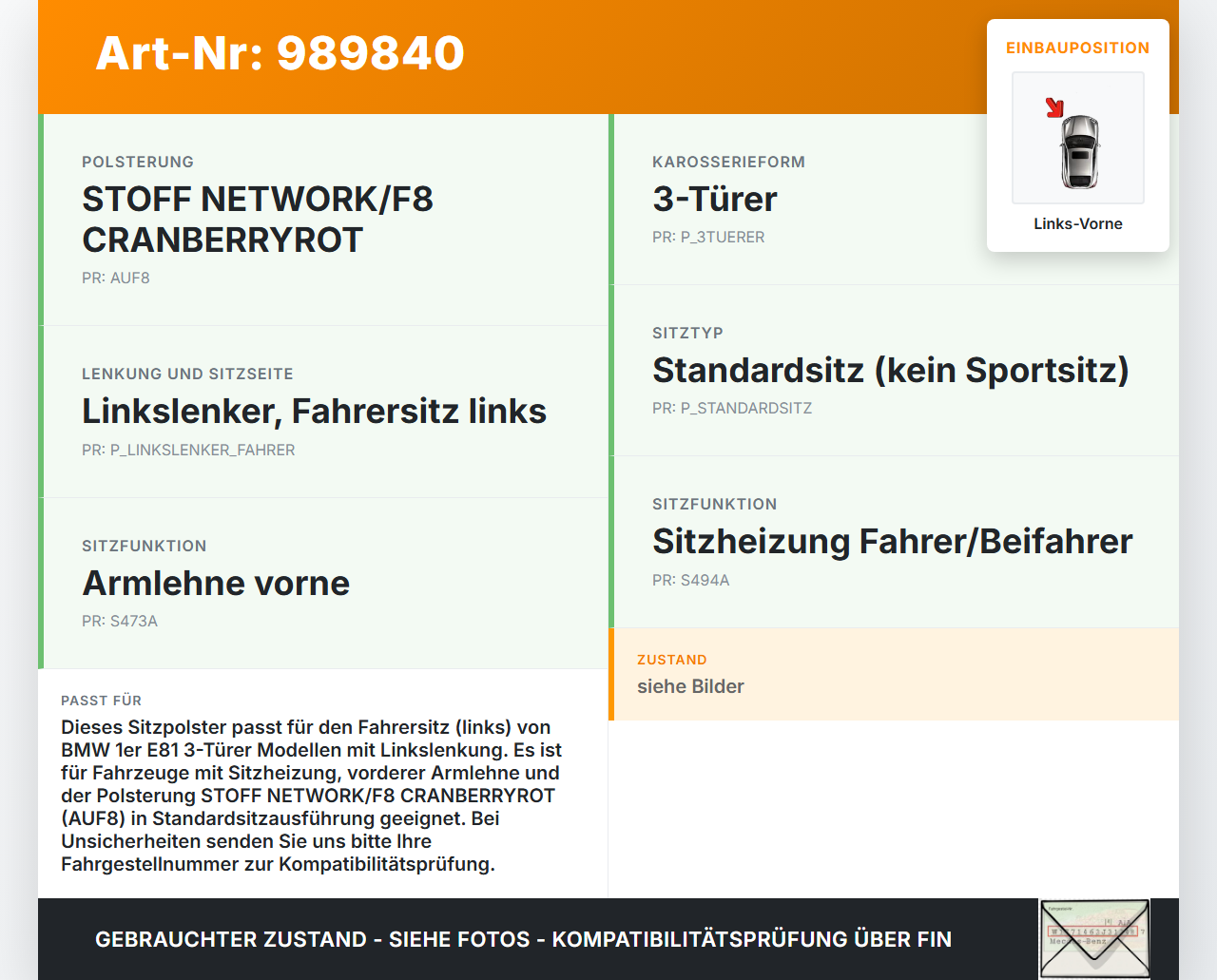 BMW E81 1er 118i LCI 07-13 3 Türer Sitzbezug Sitzpolster für Fahrersitz Sitz Links Vorne beheizt BMW E81 1er 118i... Vorschau 3