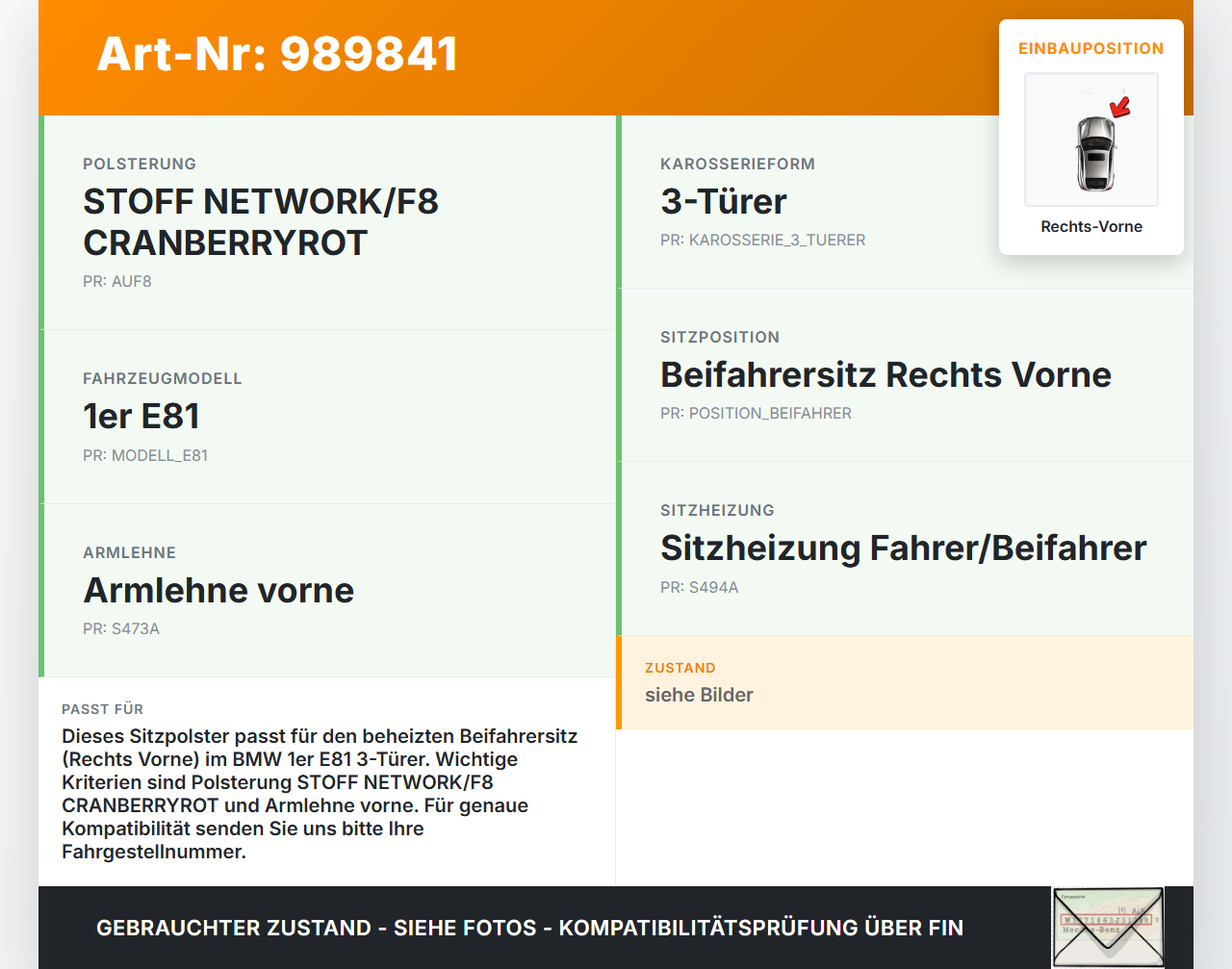 BMW E81 1er 118i LCI 07-13 3 Türer Sitzbezug Sitzpolster für Beifahrersitz Rechts Vorne beheizt BMW E81 1er 118i... Vorschau 3