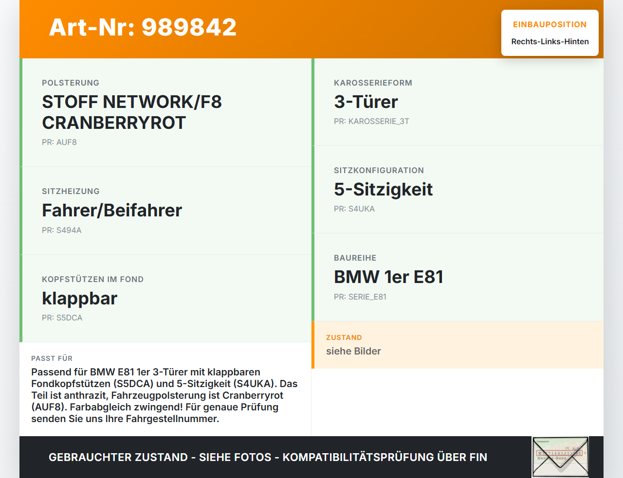 BMW E81 1er 118i LCI 07-13 Kopfstütze Rechts oder Links Hinten Elektra anthrazit BMW E81 1er 118i LCI 07-13... Vorschau 3