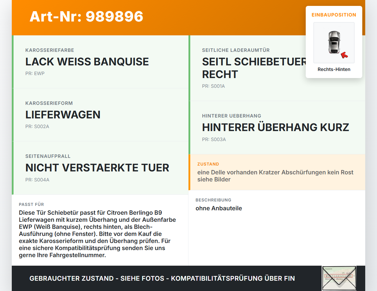 Citroen Berlingo B9 12-18 Lieferwagen Tür Schiebetür Rechts Hinten EWP Citroen Berlingo B9 12-18 12.03.2015 9008S2... Vorschau 3