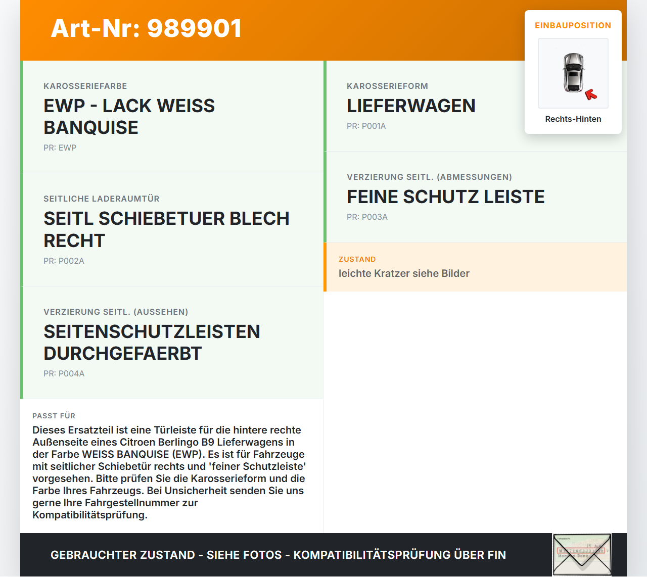 Citroen Berlingo B9 12-18 Lieferwagen Türleiste Beplankung Rechts Hinten Aussen EWP Citroen Berlingo B9 12-18... Vorschau 3