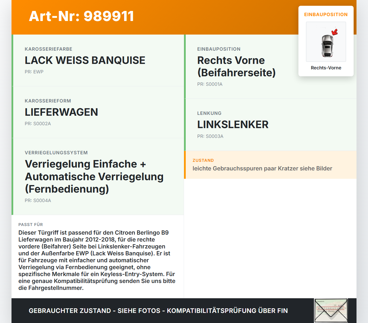 Citroen Berlingo B9 12-18 Lieferwagen Türgriff Griff aussen Rechts Vorne EWP Citroen Berlingo B9 12-18 12.03.2015... Vorschau 3