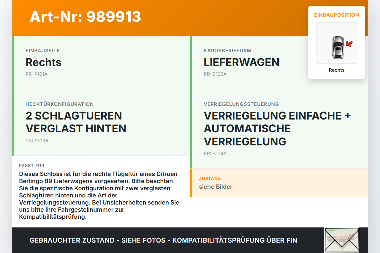 Citroen Berlingo B9 12-18 Lieferwagen Schloss f. Verriegelung Bügel Flügeltür Rechts Citroen Berlingo B9 12-18... Vorschau 3