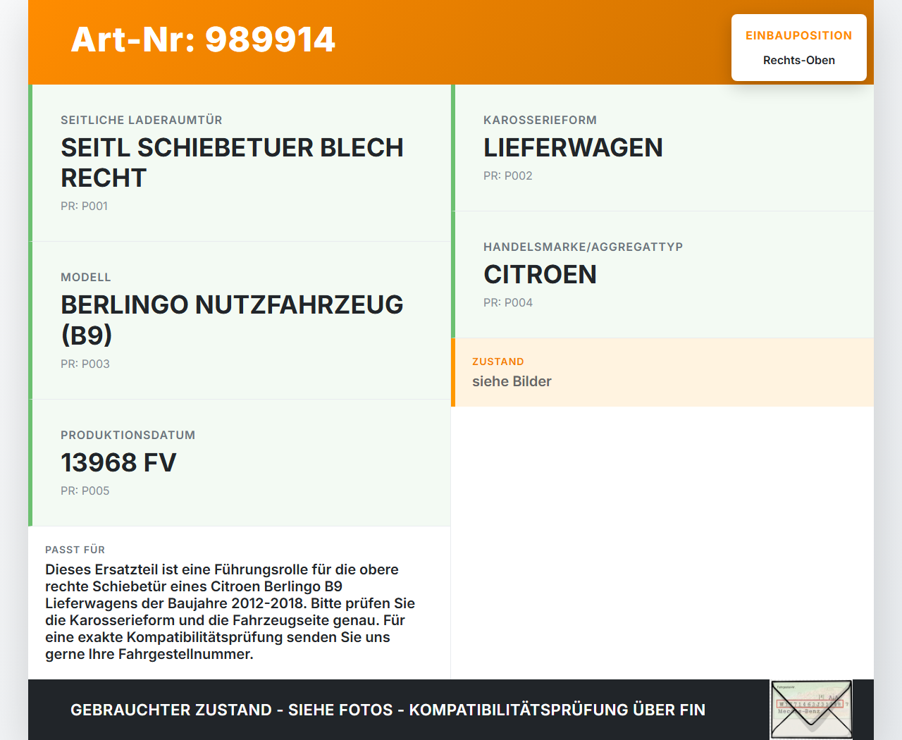 Citroen Berlingo B9 12-18 Lieferwagen Führungsrolle Schiebetür Rechts Oben Citroen Berlingo B9 12-18 12.03.2015... Vorschau 3
