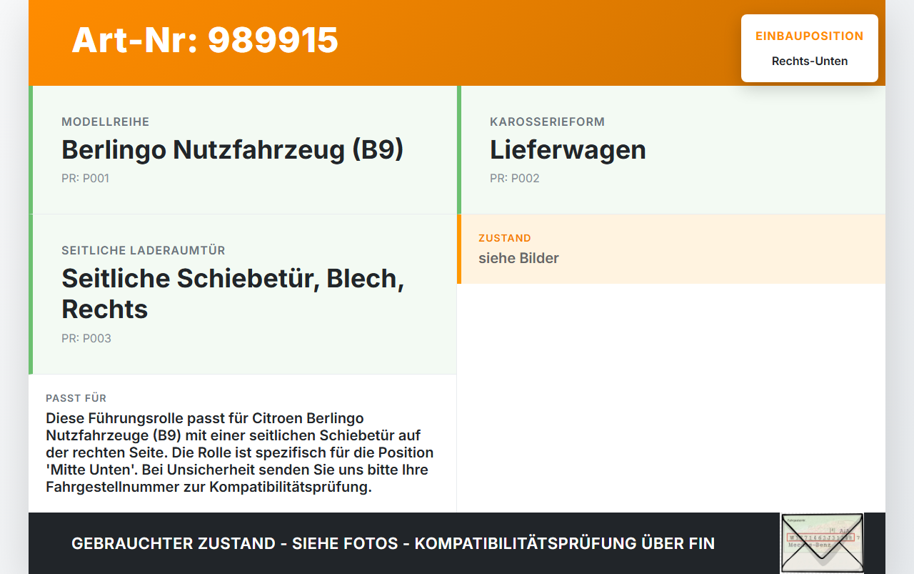 Citroen Berlingo B9 12-18 Lieferwagen Führungsrolle Schiebetür Rechts Mitte Unten Citroen Berlingo B9 12-18... Vorschau 3