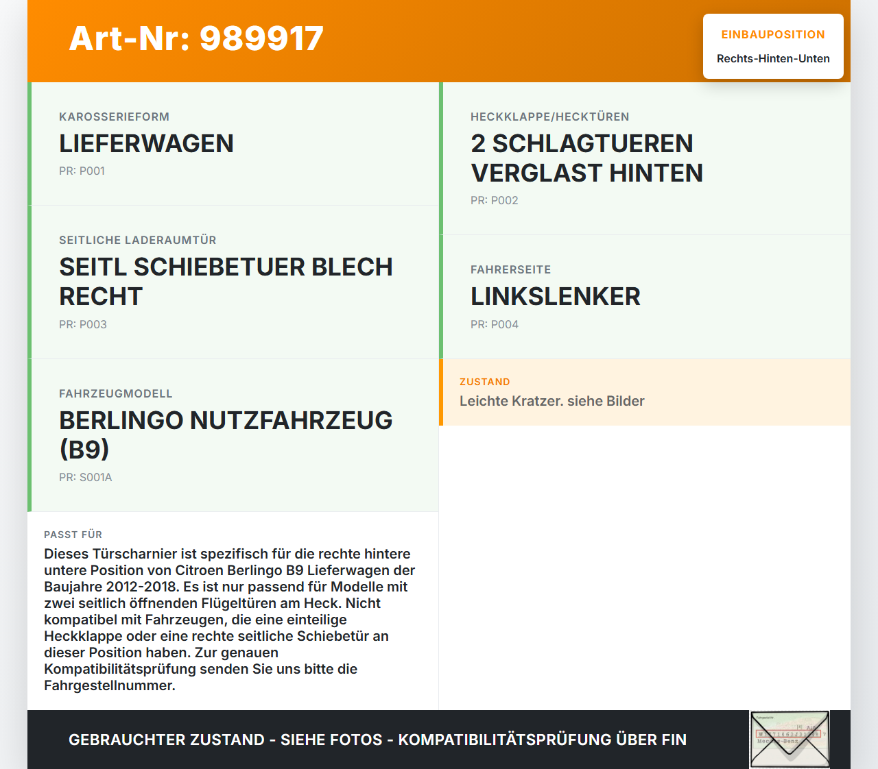 Citroen Berlingo B9 12-18 Lieferwagen Türscharnier Tür Scharnier Rechts Hinten Unten Citroen Berlingo B9 12-18... Vorschau 3