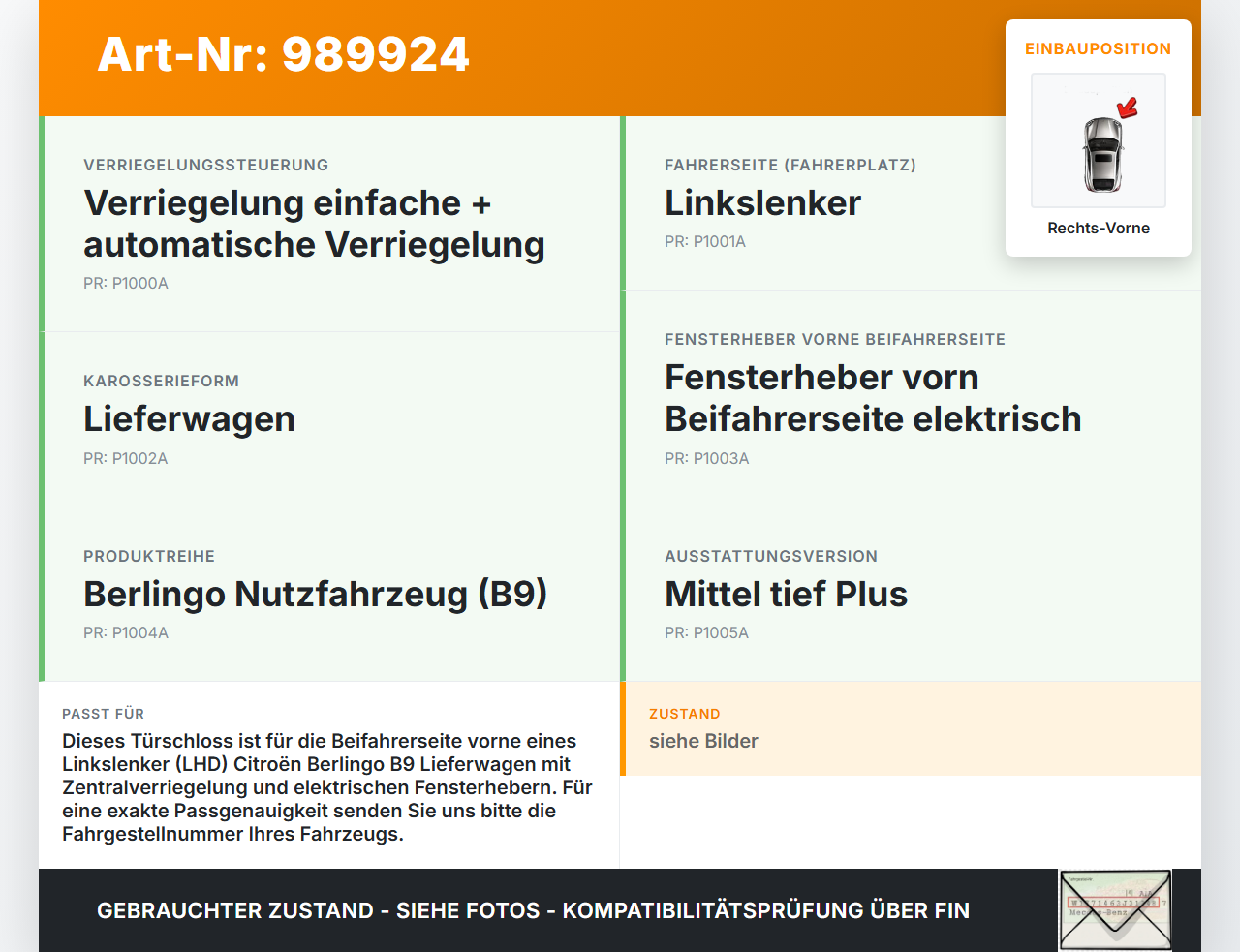 Citroen Berlingo B9 12-18 Lieferwagen Türschloss m. ZV Stellmotor Rechts Vorne Citroen Berlingo B9 12-18 12.03.2015... Vorschau 3