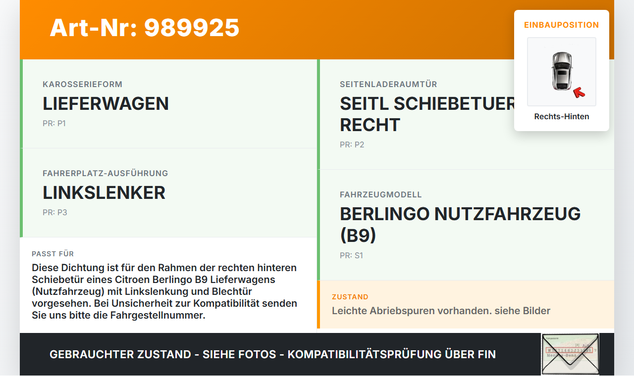 Citroen Berlingo B9 12-18 Lieferwagen Dichtung für Rahmen Schiebe- Tür Rechts Hinten Citroen Berlingo B9 12-18... Vorschau 3