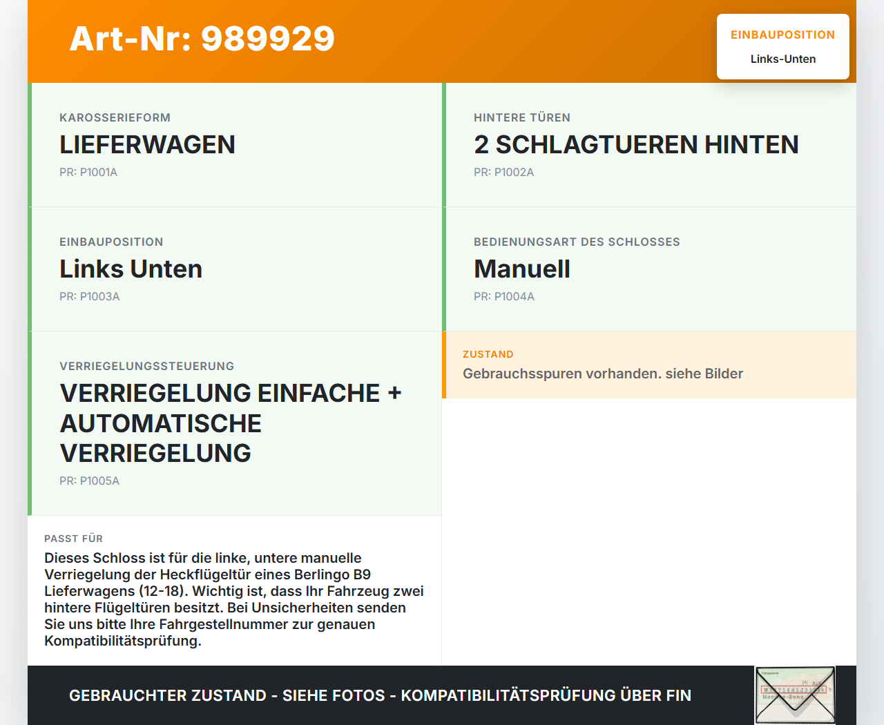 Citroen Berlingo B9 12-18 Lieferwagen Schloss f. Flügeltür Heckklappenschloss Verriegelung Links Unten Manuell... Vorschau 3