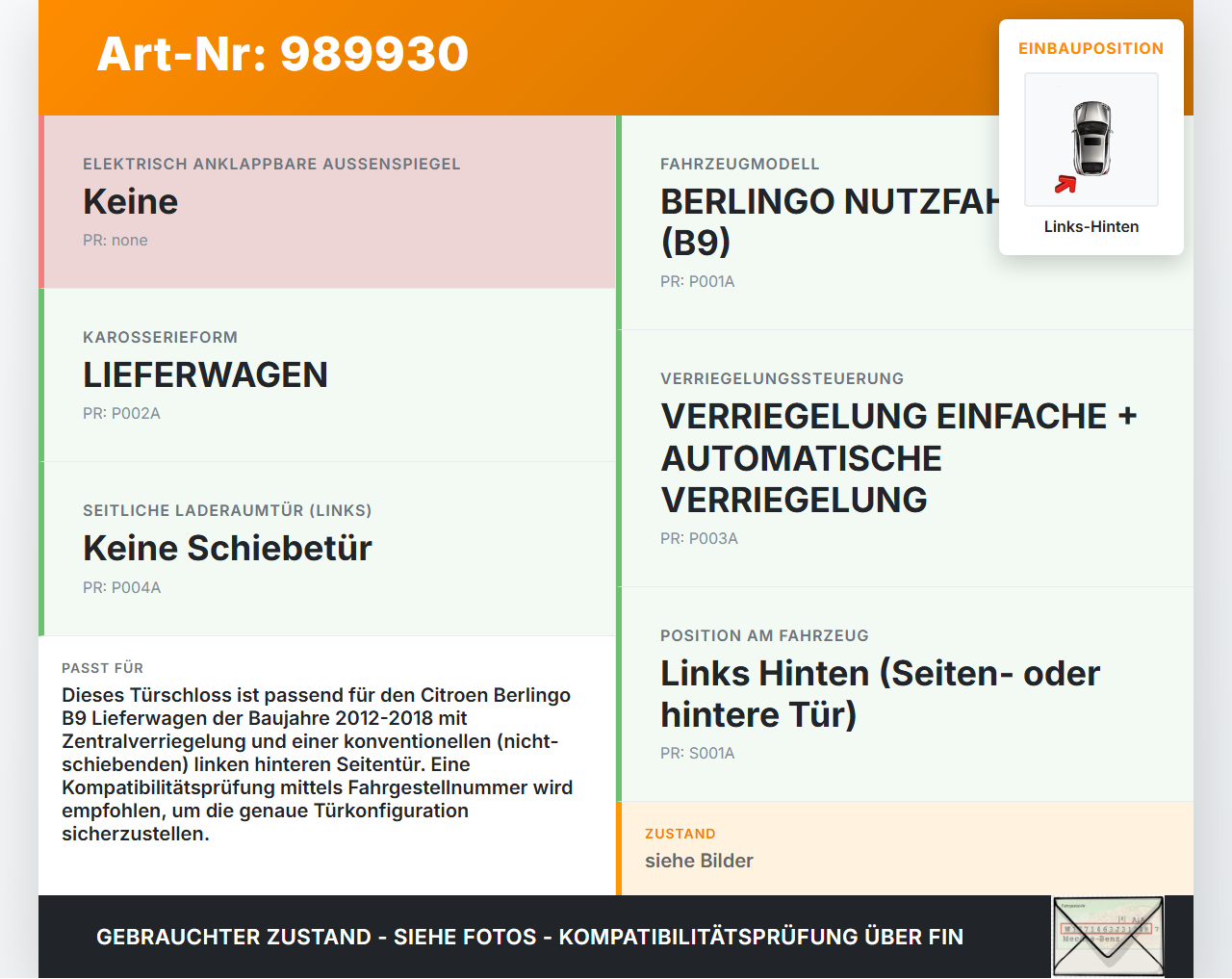 Citroen Berlingo B9 12-18 Lieferwagen Türschloss m. ZV Stellmotor Links Hinten Citroen Berlingo B9 12-18 12.03.2015... Vorschau 3