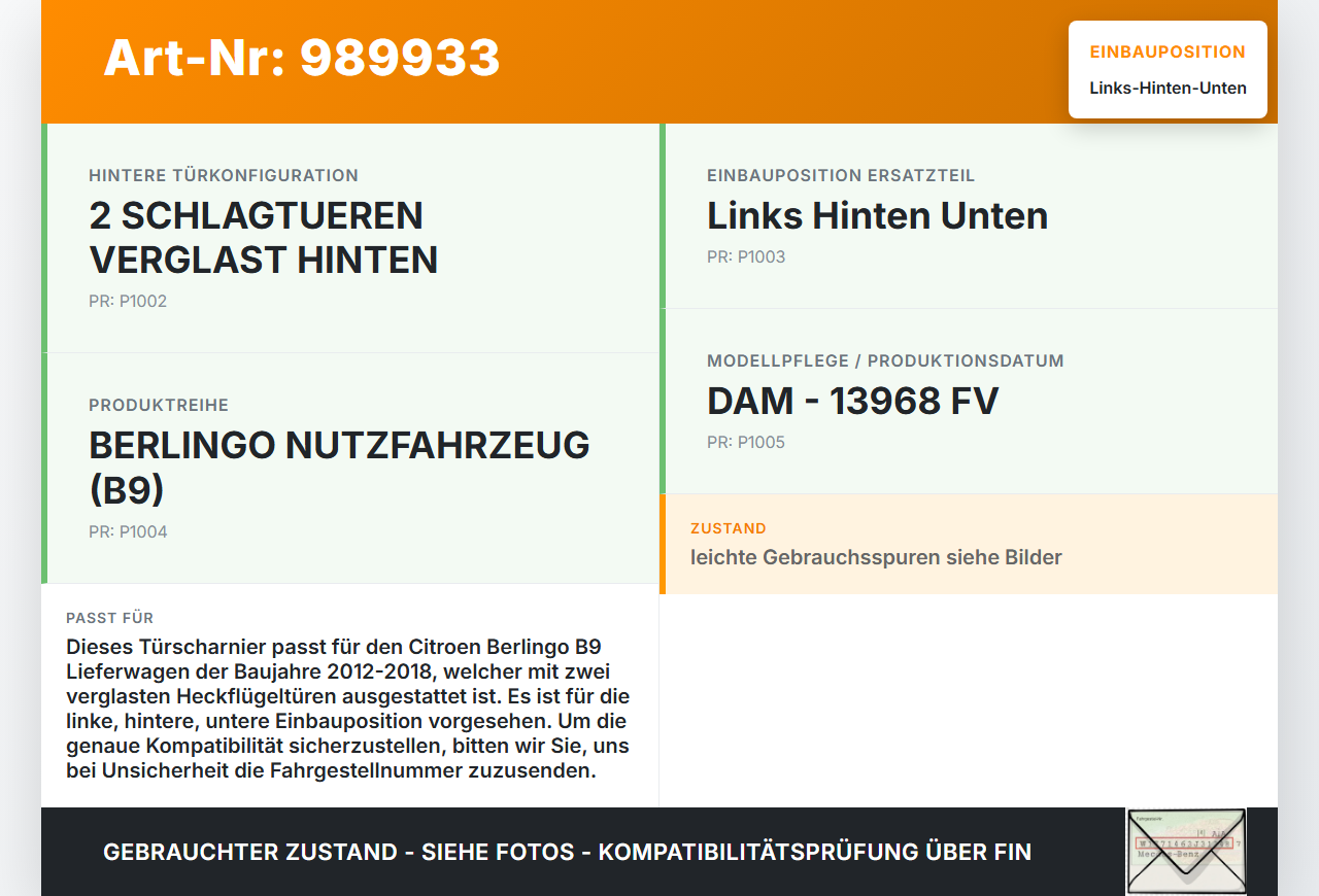 Citroen Berlingo B9 12-18 Lieferwagen Türscharnier Scharnier Links Hinten Unten Citroen Berlingo B9 12-18... Vorschau 3