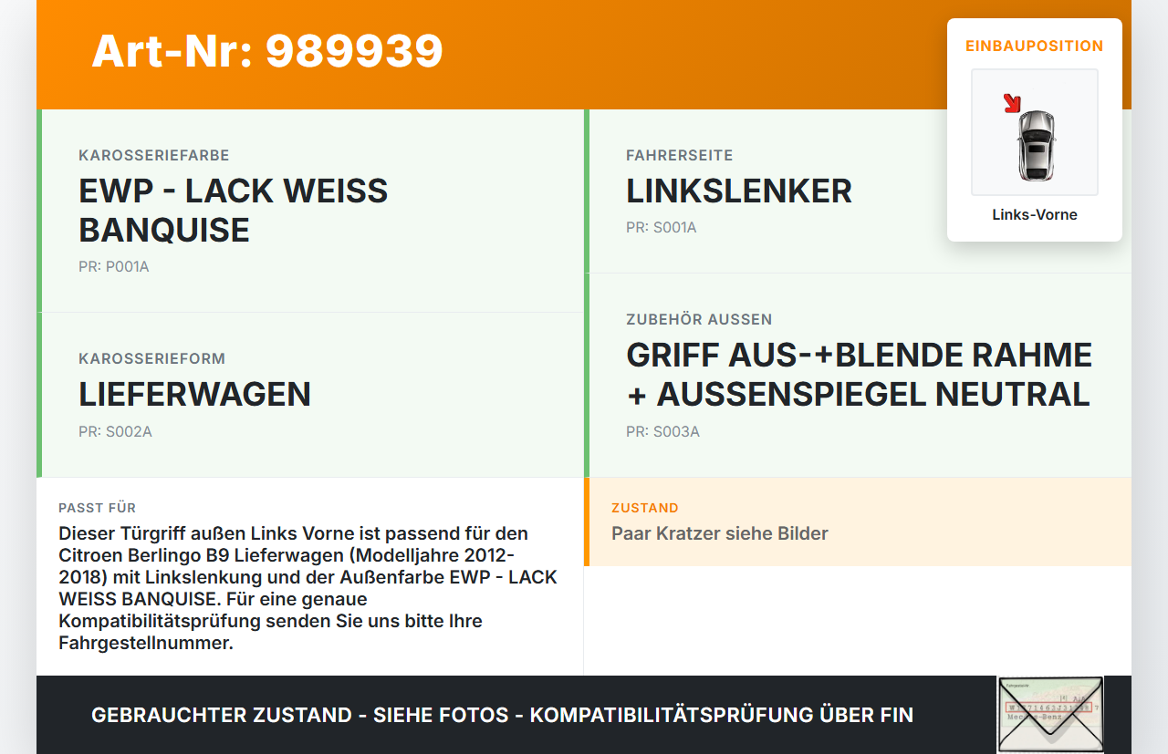 Citroen Berlingo B9 12-18 Lieferwagen Türgriff Griff aussen Links Vorne EWP Citroen Berlingo B9 12-18 12.03.2015... Vorschau 3