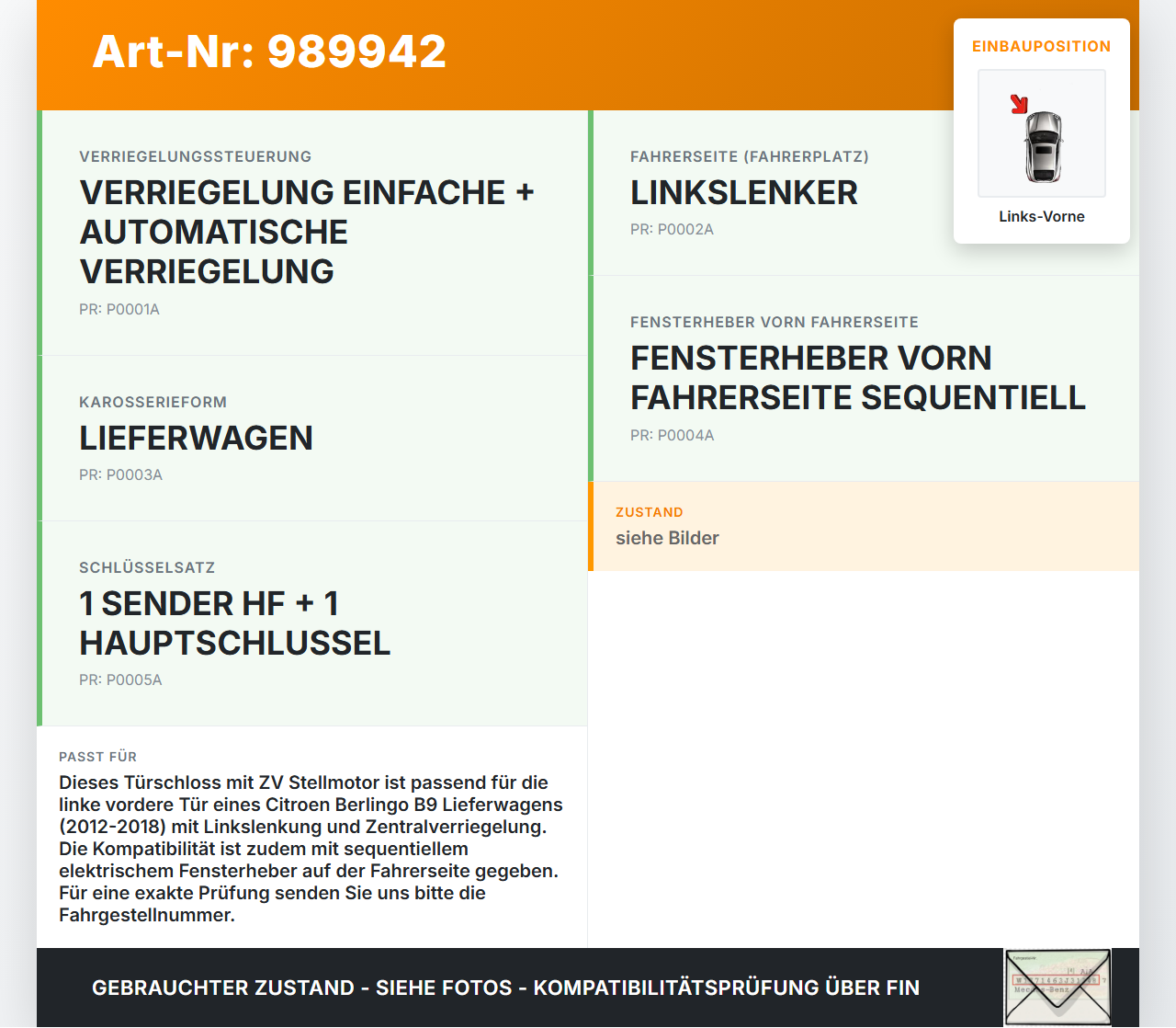 Citroen Berlingo B9 12-18 Lieferwagen Türschloss m. ZV Stellmotor Links Vorne Citroen Berlingo B9 12-18 12.03.2015... Vorschau 3