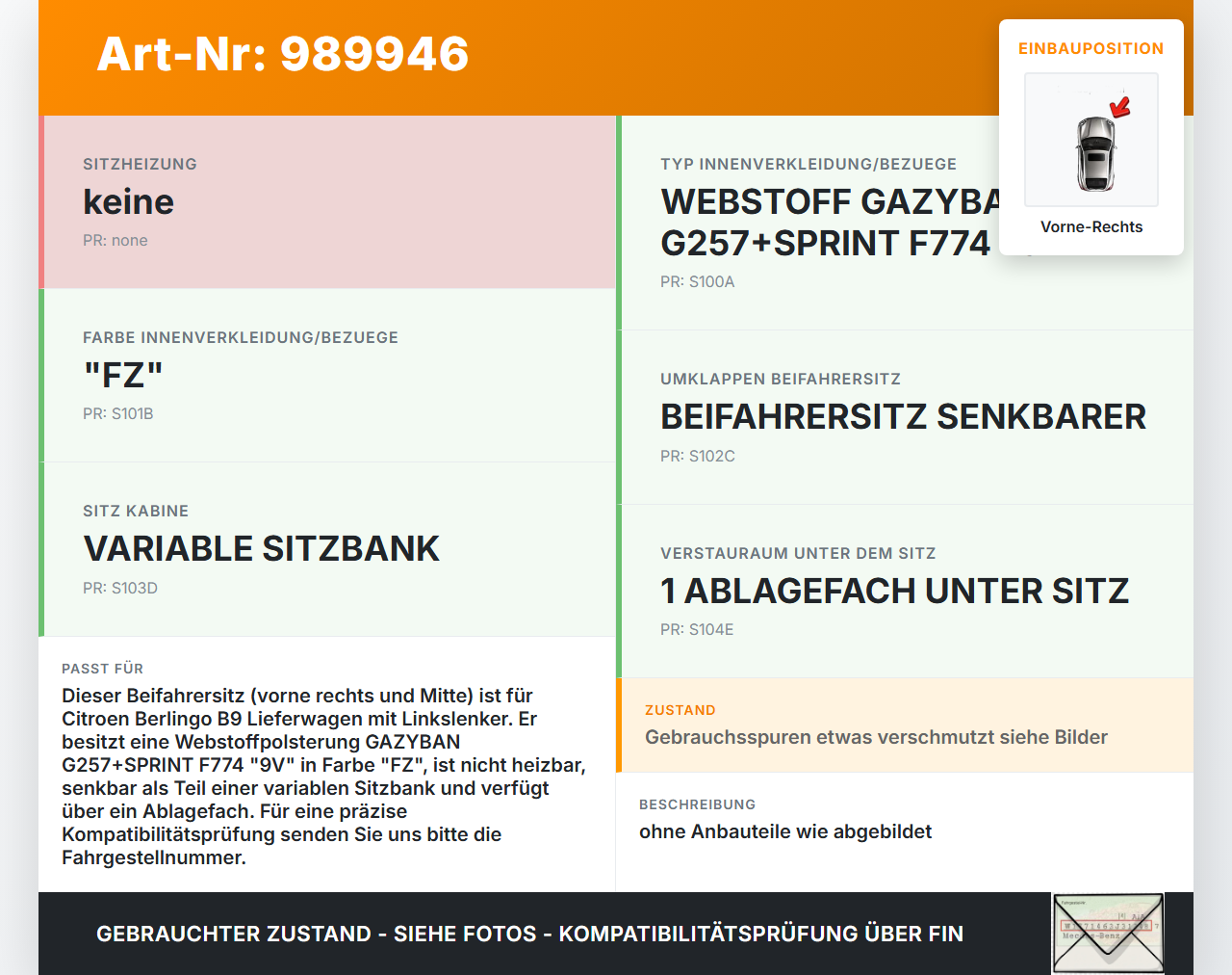 Citroen Berlingo B9 12-18 Lieferwagen Sitz Beifahrersitz Vorne Rechts und Mitte Citroen Berlingo B9 12-18... Vorschau 3