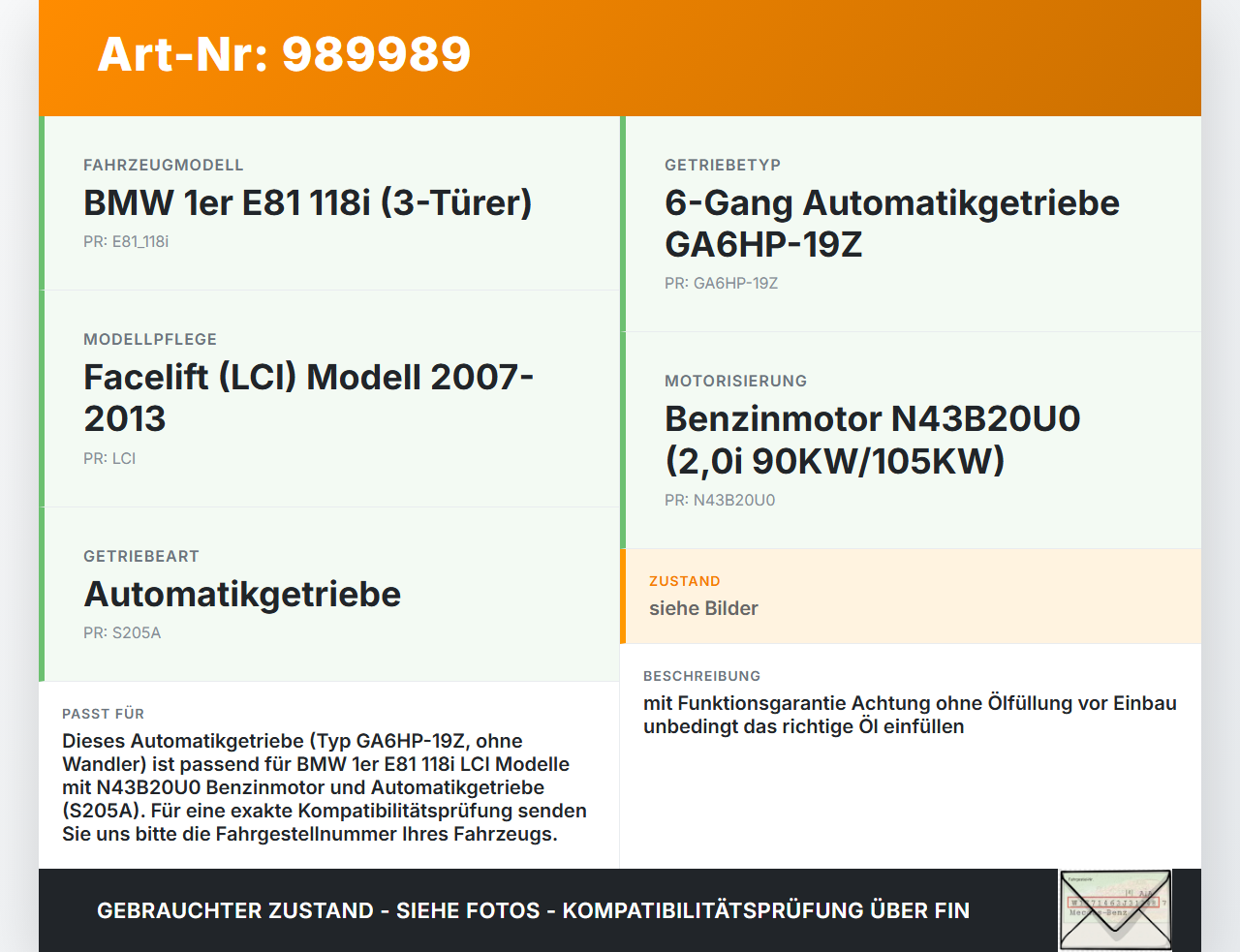 BMW E81 1er 118i LCI 07-13 2,0i 90KW GA6HP-19Z Automatikgetriebe Getriebe ohne Wandler GA6HP19Z BMW E81 1er 118i... Vorschau 3
