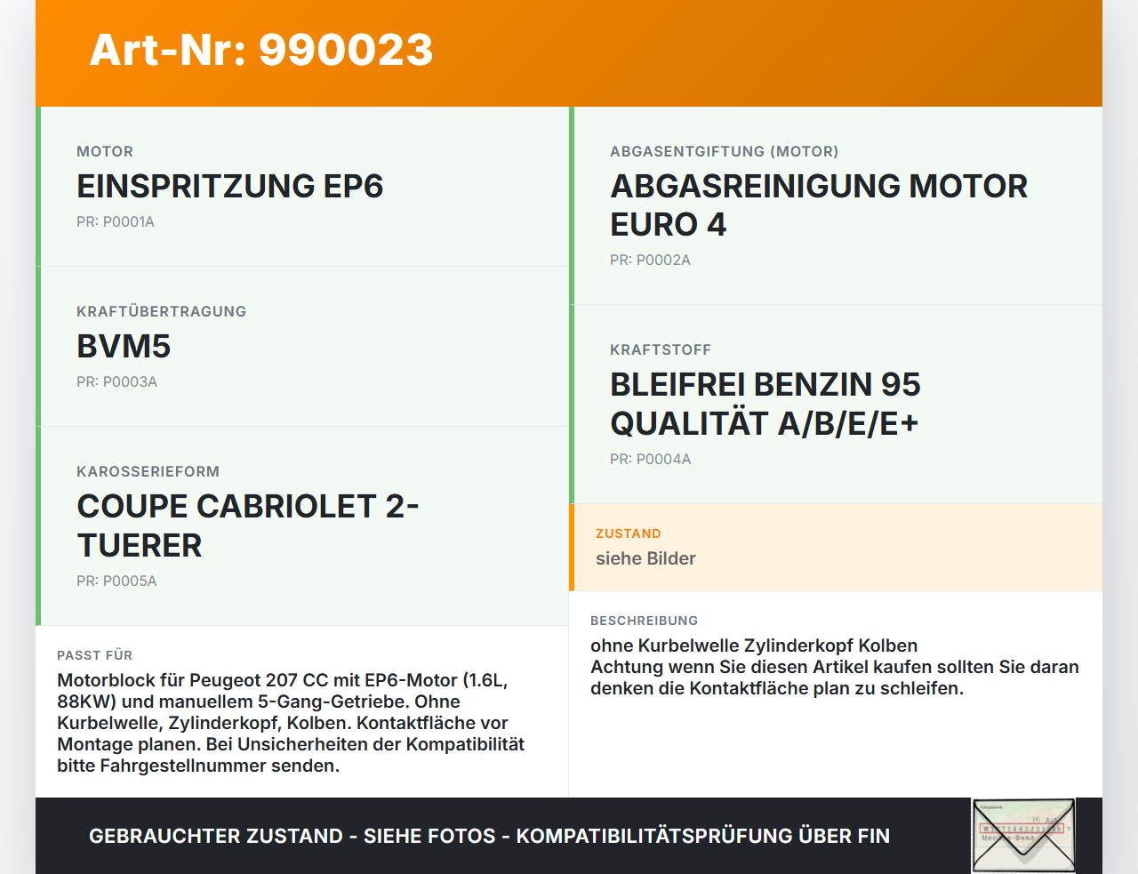 Peugeot 207 CC 09-15 1,6 88KW EP6 Motorblock für Motor Peugeot 207 CC 09-15 30.04.2007 0130CR gebraucht Vorschau 3