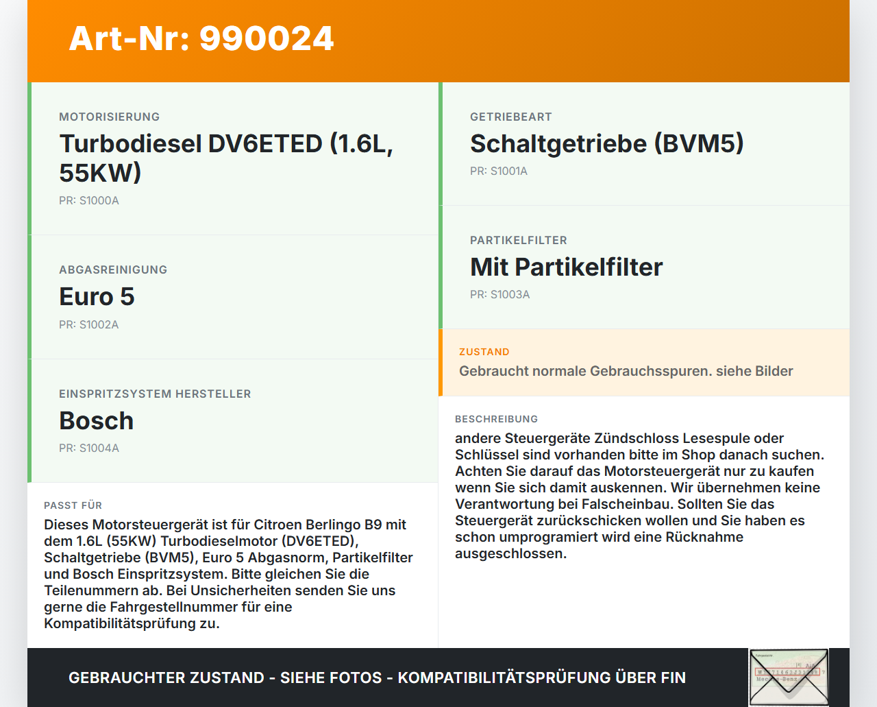 Citroen Berlingo B9 12-18 1,6 55KW Steuergerät ECU für Motor Motorsteuergerät Citroen Berlingo B9 12-18 12.03.2015... Vorschau 3