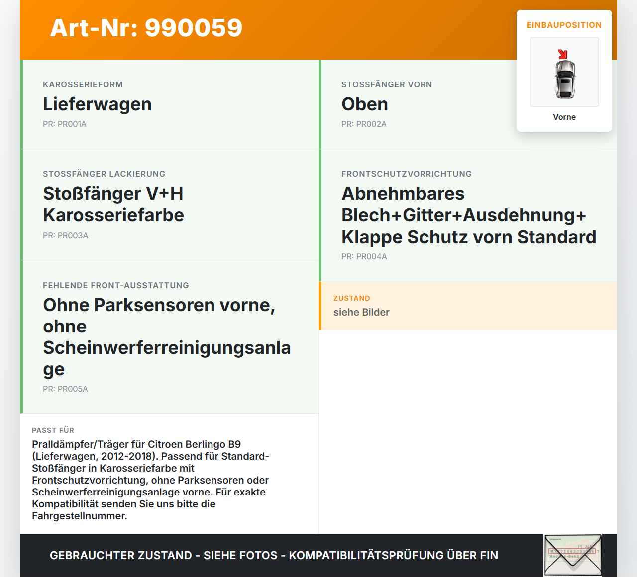 Citroen Berlingo B9 12-18 Stoßstange Träger Pralldämpfer Vorne Citroen Berlingo B9 12-18 12.03.2015 gebraucht Vorschau 3
