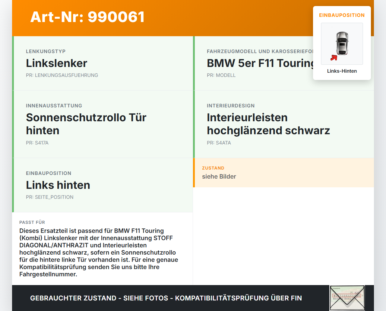 BMW F11 520d 10-13 Kombi Türverkleidung Türpappe Links Hinten BMW F11 520d 10-13 18.05.2012 7273161 51427273161... Vorschau 3
