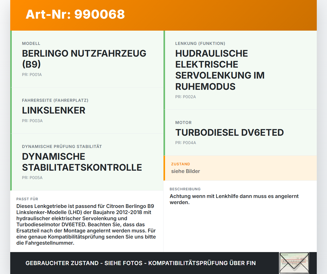 Citroen Berlingo B9 12-18 Lenkgetriebe Servolenkung Citroen Berlingo B9 12-18 12.03.2015 400180 gebraucht Vorschau 3