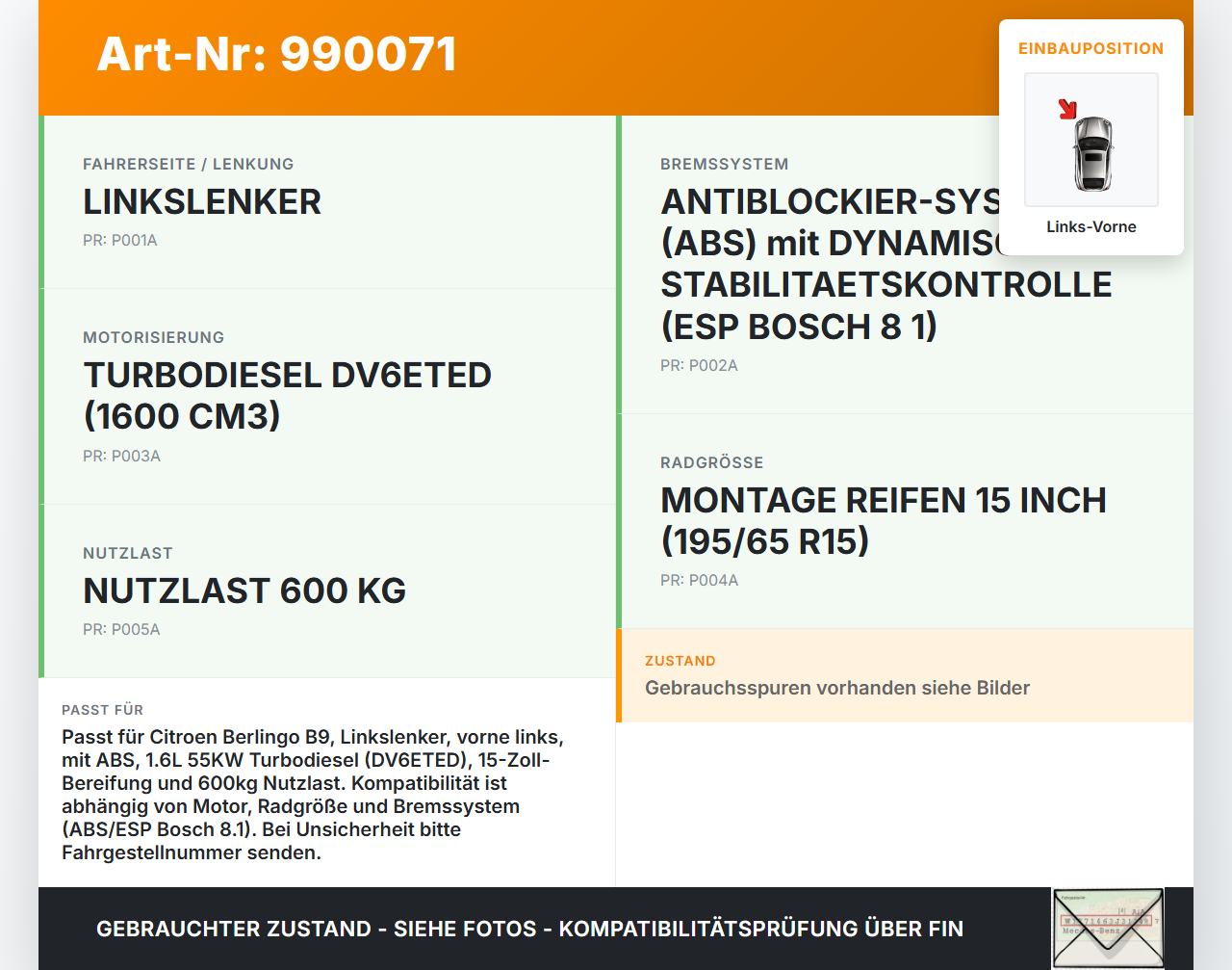 Citroen Berlingo B9 12-18 1,6 55KW Achsschenkel Radnabe mit ABS Links Vorne Citroen Berlingo B9 12-18 12.03.2015... Vorschau 3