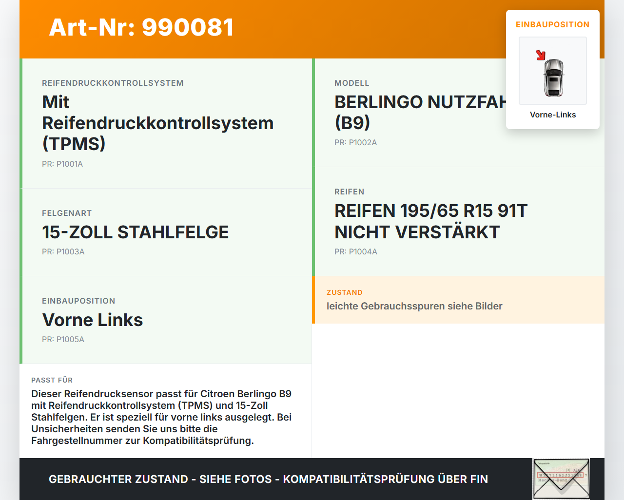 Citroen Berlingo B9 12-18 Reifendruck Sensor Radsensor Reifendrucksensor Vorne Links Citroen Berlingo B9 12-18... Vorschau 3
