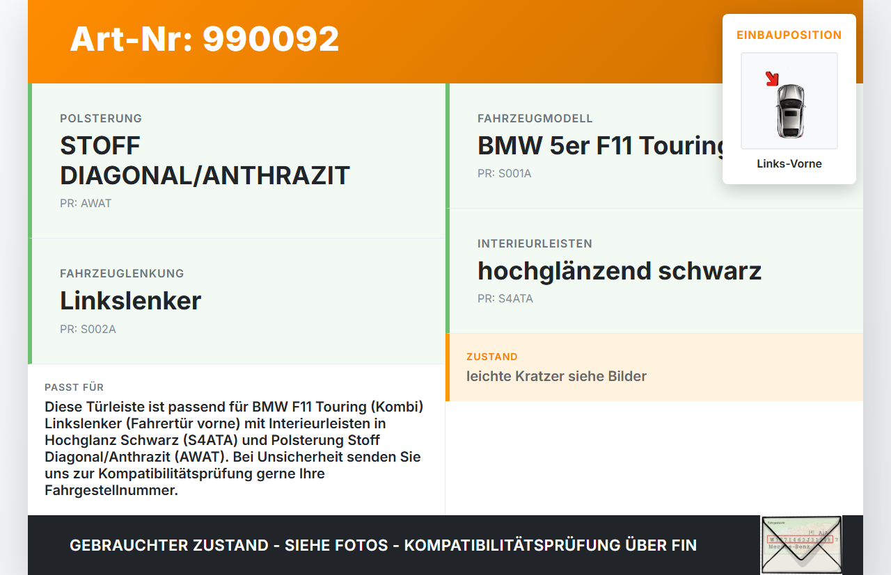 BMW F11 520d 10-13 Kombi Türleiste Links Vorne Innen 668 BMW F11 520d 10-13 18.05.2012 7182277 51337182277 gebraucht Vorschau 3