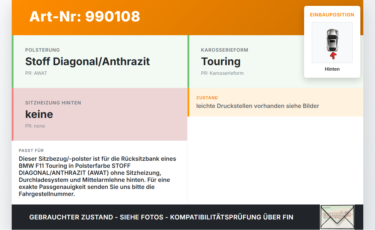 BMW F11 520d 10-13 Kombi Sitzbezug Sitzpolster für Rücksitzbank Hinten BMW F11 520d 10-13 18.05.2012 C97560213... Vorschau 3