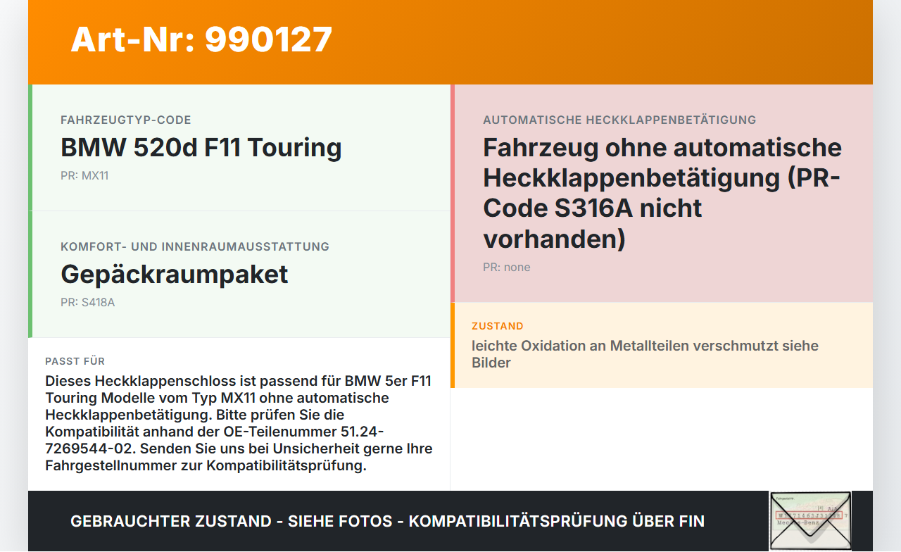 BMW F11 520d 10-13 Kombi Schloss f. Heckklappe Heckklappenschloss Verriegelung BMW F11 520d 10-13 18.05.2012... Vorschau 3