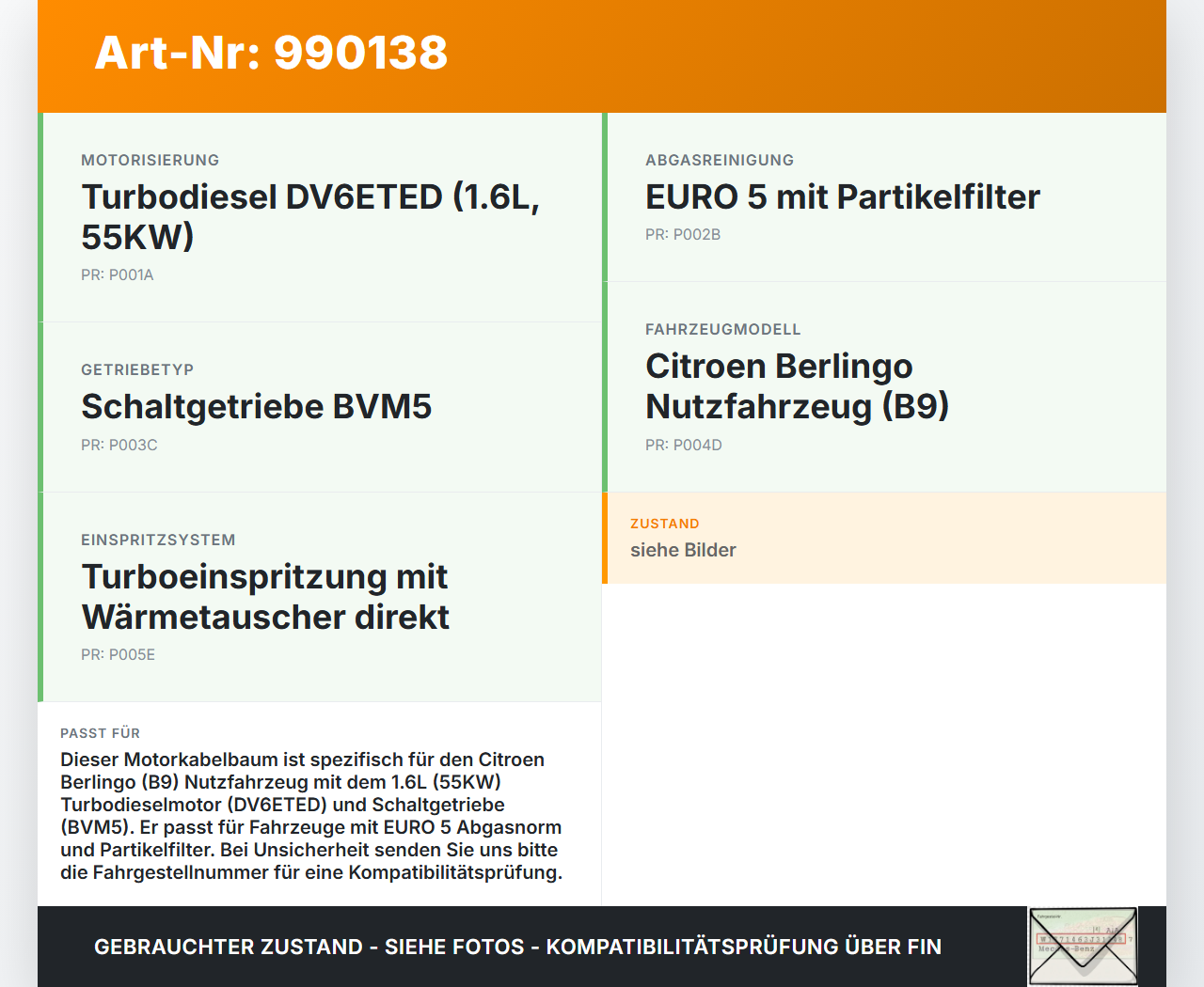 Citroen Berlingo B9 12-18 1,6 55KW Kabelbaum Motorkabelbaum Leitungssatz für Motor Citroen Berlingo B9 12-18... Vorschau 3