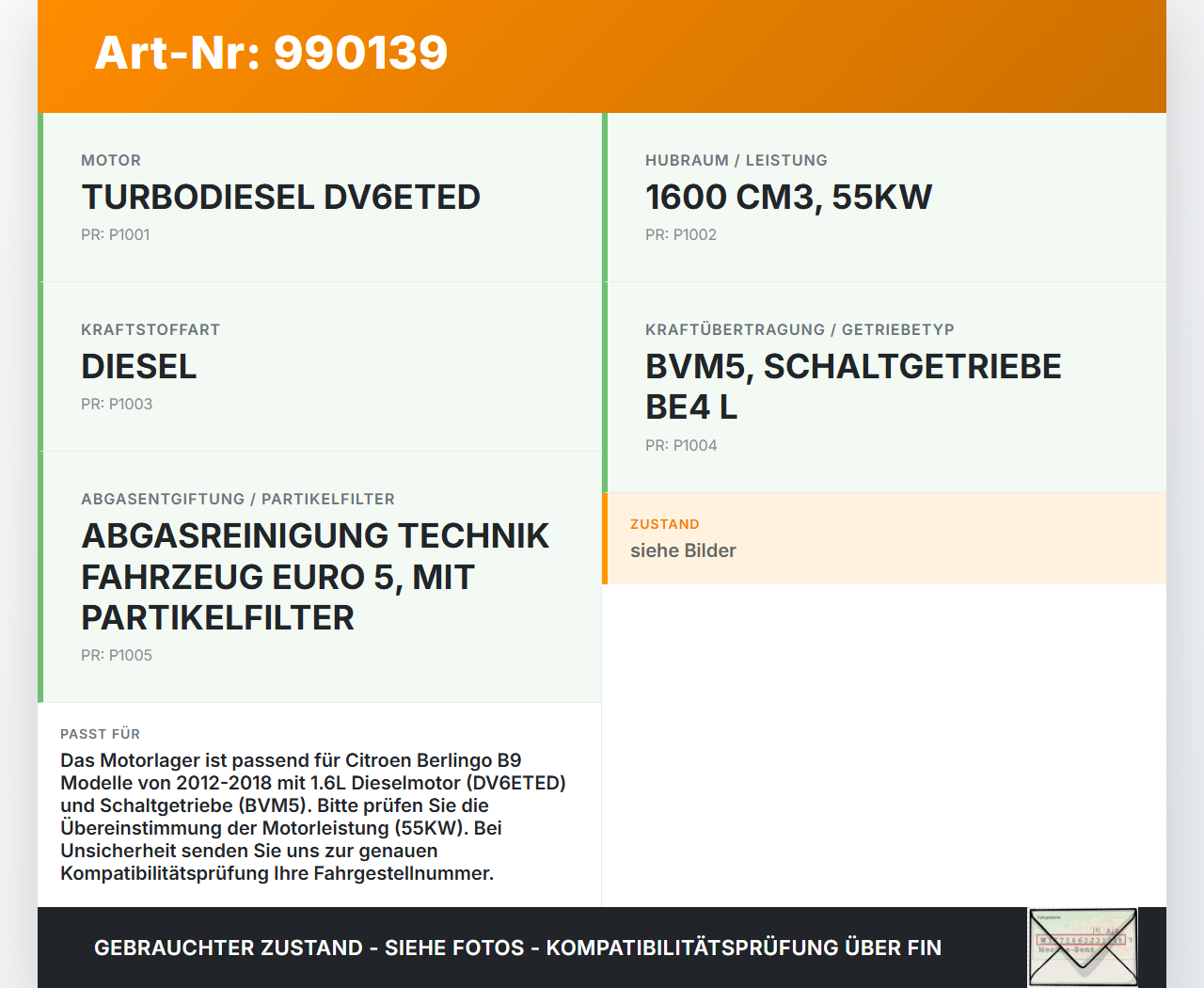 Citroen Berlingo B9 12-18 1,6 55KW Motorlager Motorhalter Citroen Berlingo B9 12-18 12.03.2015 gebraucht Vorschau 3