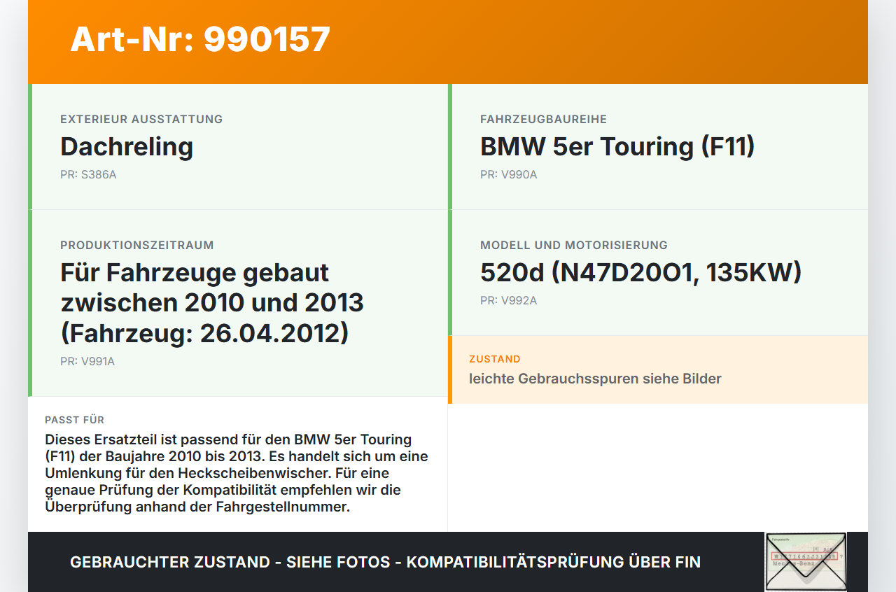 BMW F11 520d 10-13 2,0 135KW Umlenkung Getriebe Wischachslager für Heckwischer BMW F11 520d 10-13 18.05.2012... Vorschau 3