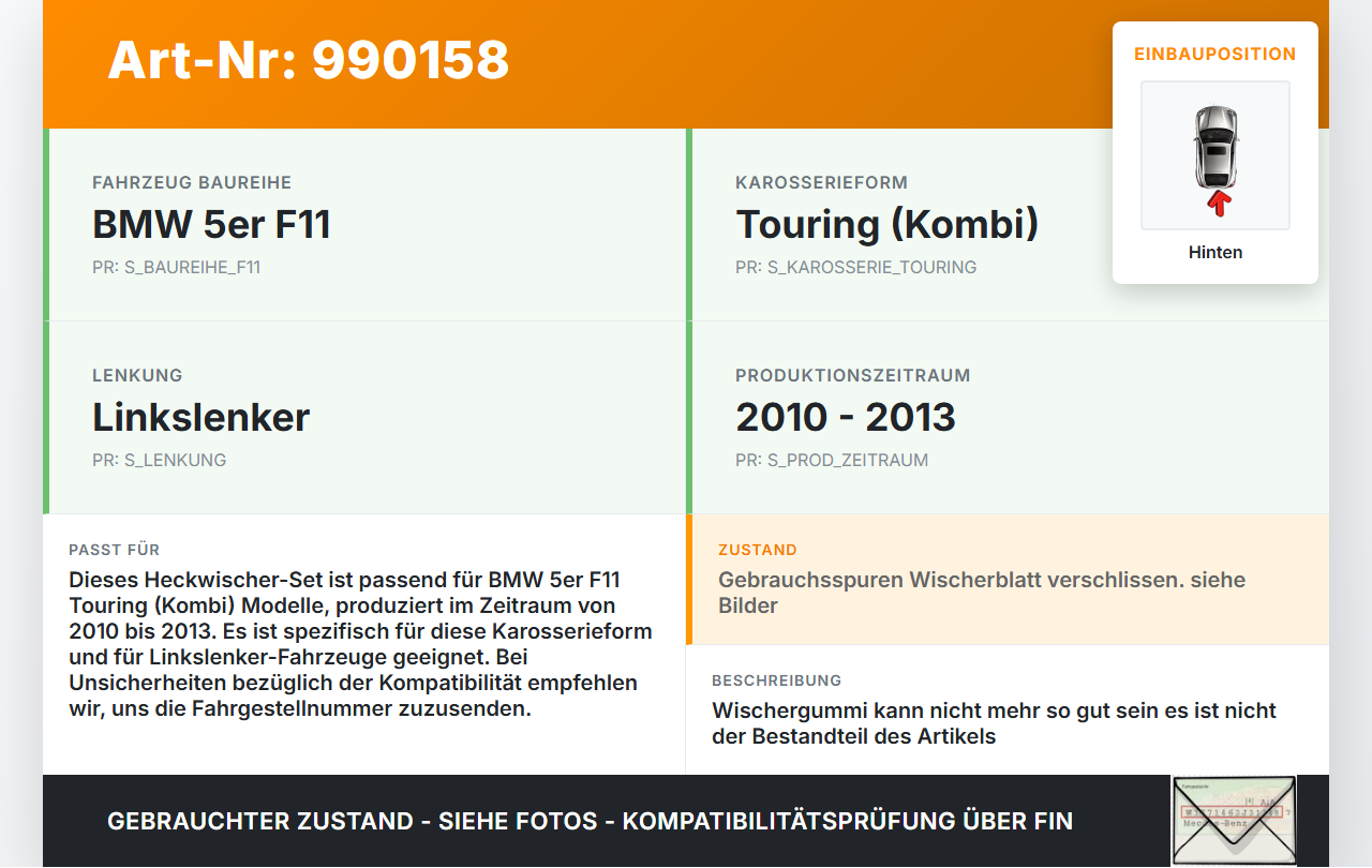 BMW F11 520d 10-13 Kombi Heckwischer Scheibenwischer Hinten Wischarm BMW F11 520d 10-13 18.05.2012 7207042... Vorschau 3