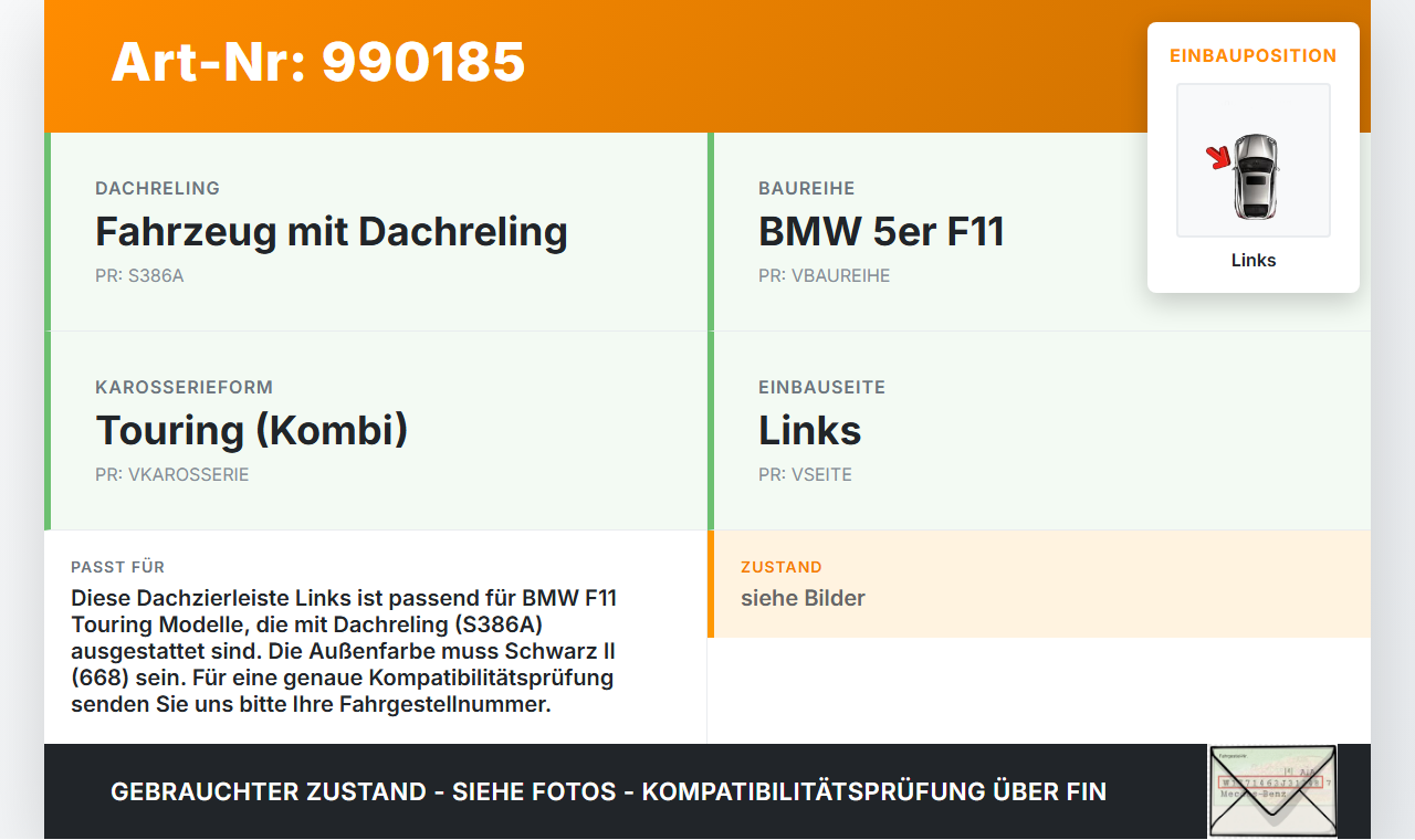 BMW F11 520d 10-13 Kombi Zierleiste Dachleiste Dach Links BMW F11 520d 10-13 18.05.2012 7362463 51137362463 gebraucht Vorschau 3